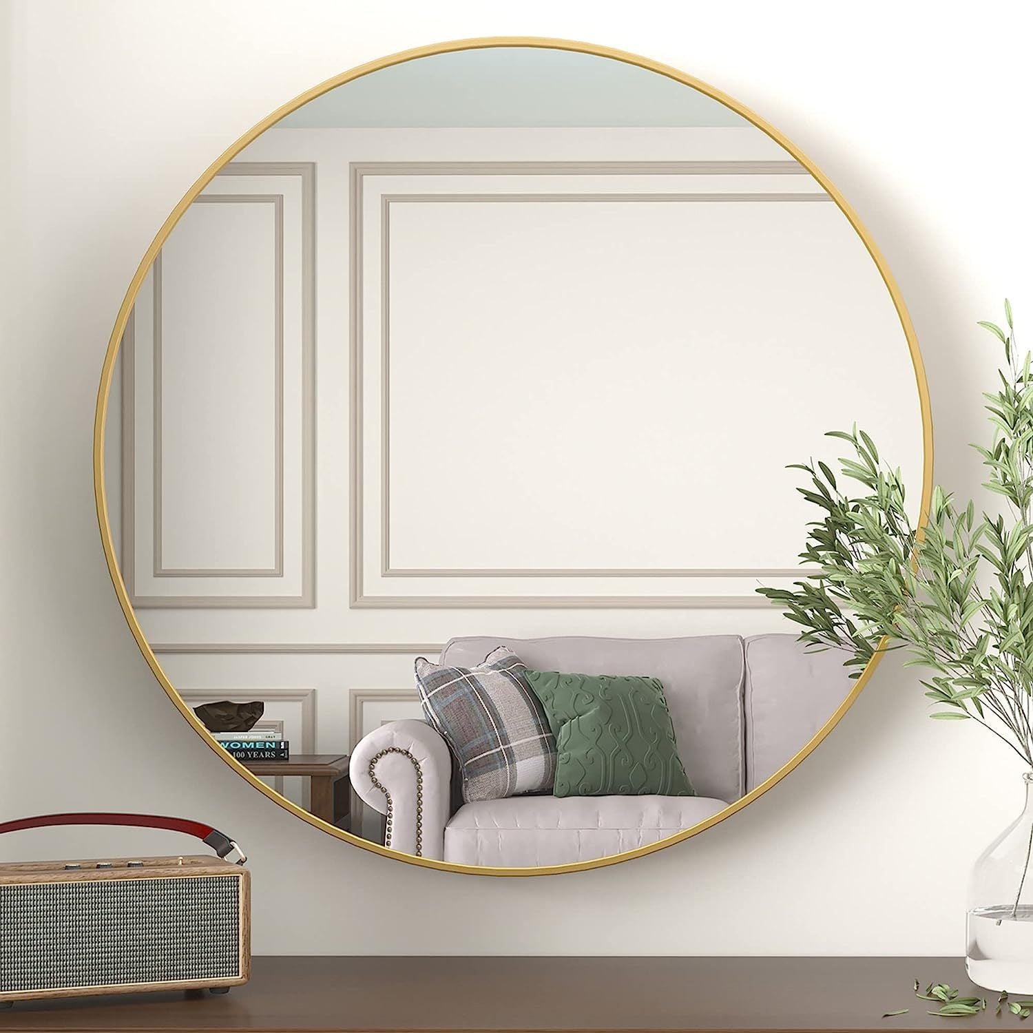 Gold 36 Inch Metal Round Bathroom Mirror Gold Classic Mdf Glass Aluminium Alloy