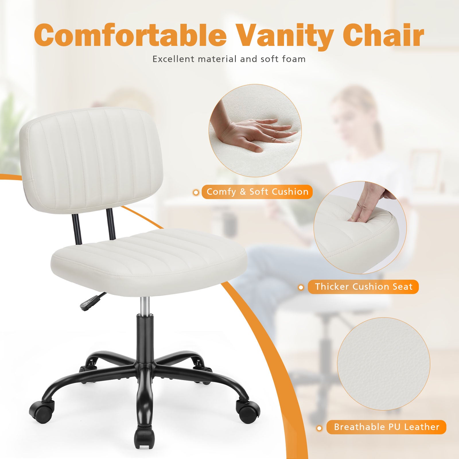 Sweetcrispy Pu Leather Low Back Task Chair Small Home Office Chair With Wheels White Abs Rubber Steel Q235