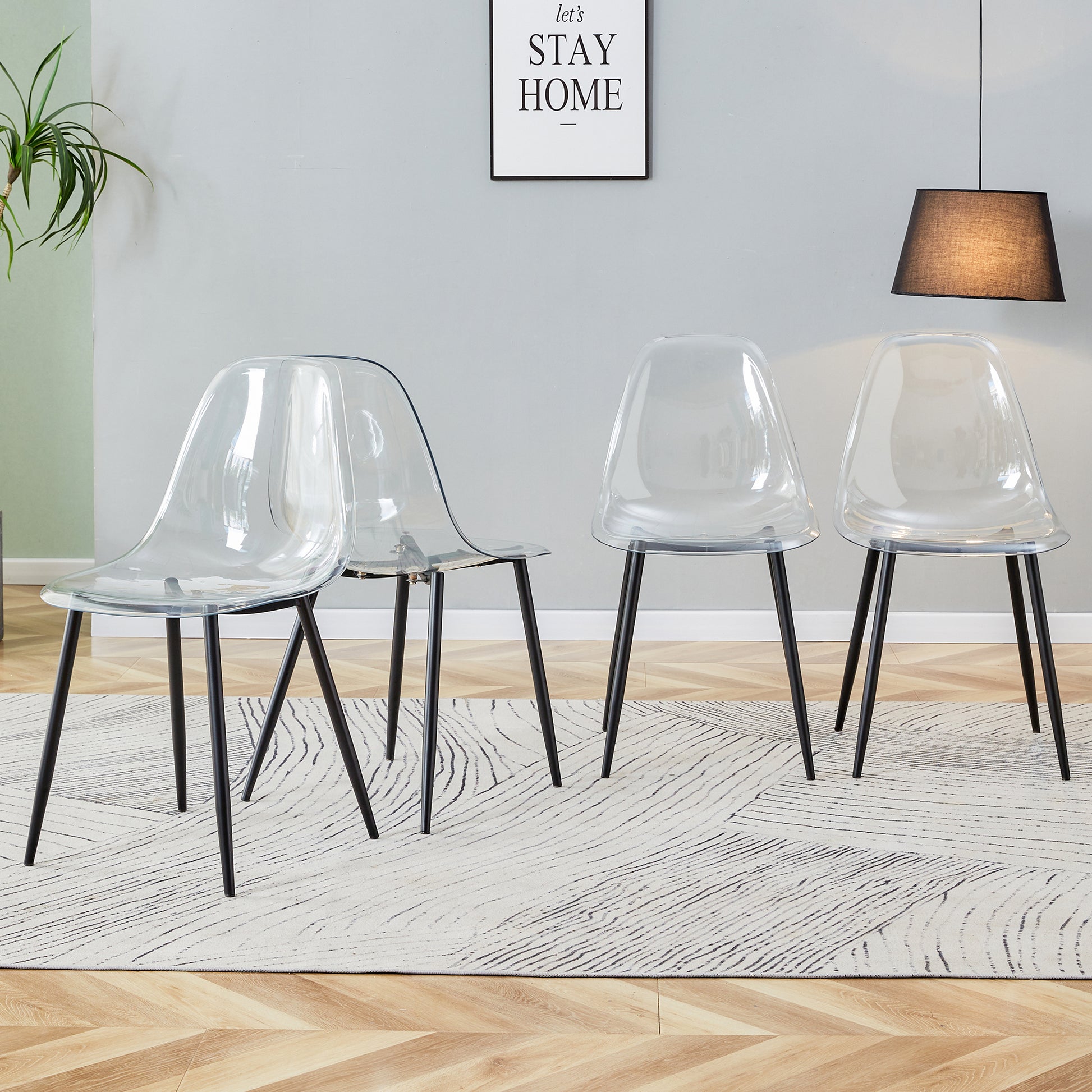 Modern Minimalist Transparent Dining Chair, Plastic Chair, Armless Crystal Chair, Nordic Creative Makeup Stool, Negotiation Chair, Set Of 4 Pieces, Black Metal Legs,Tw 1200 Black Metal