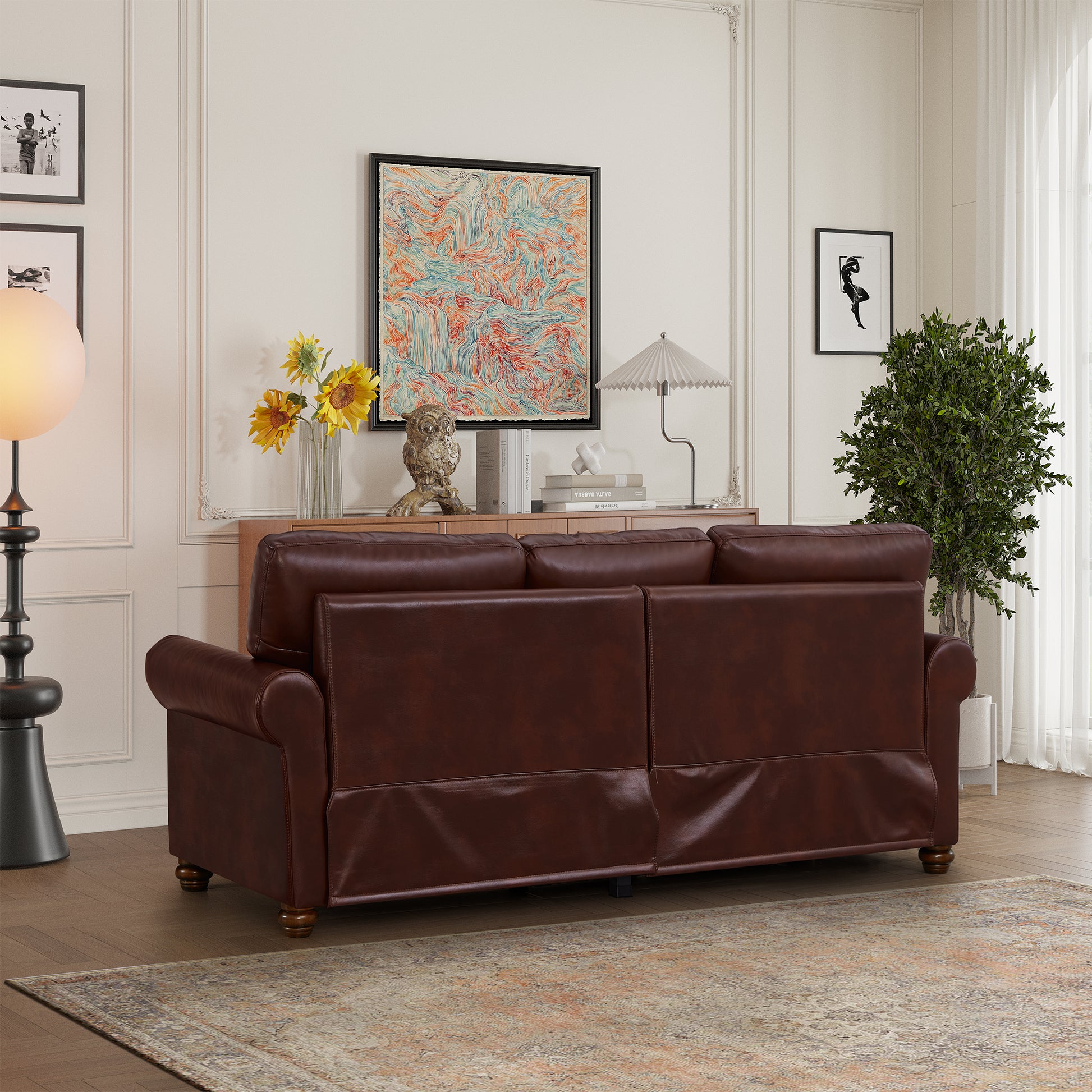 Classic Living Room Nails Sofa Burdy Faux Leather Burgundy Foam Pu Leather 3 Seat