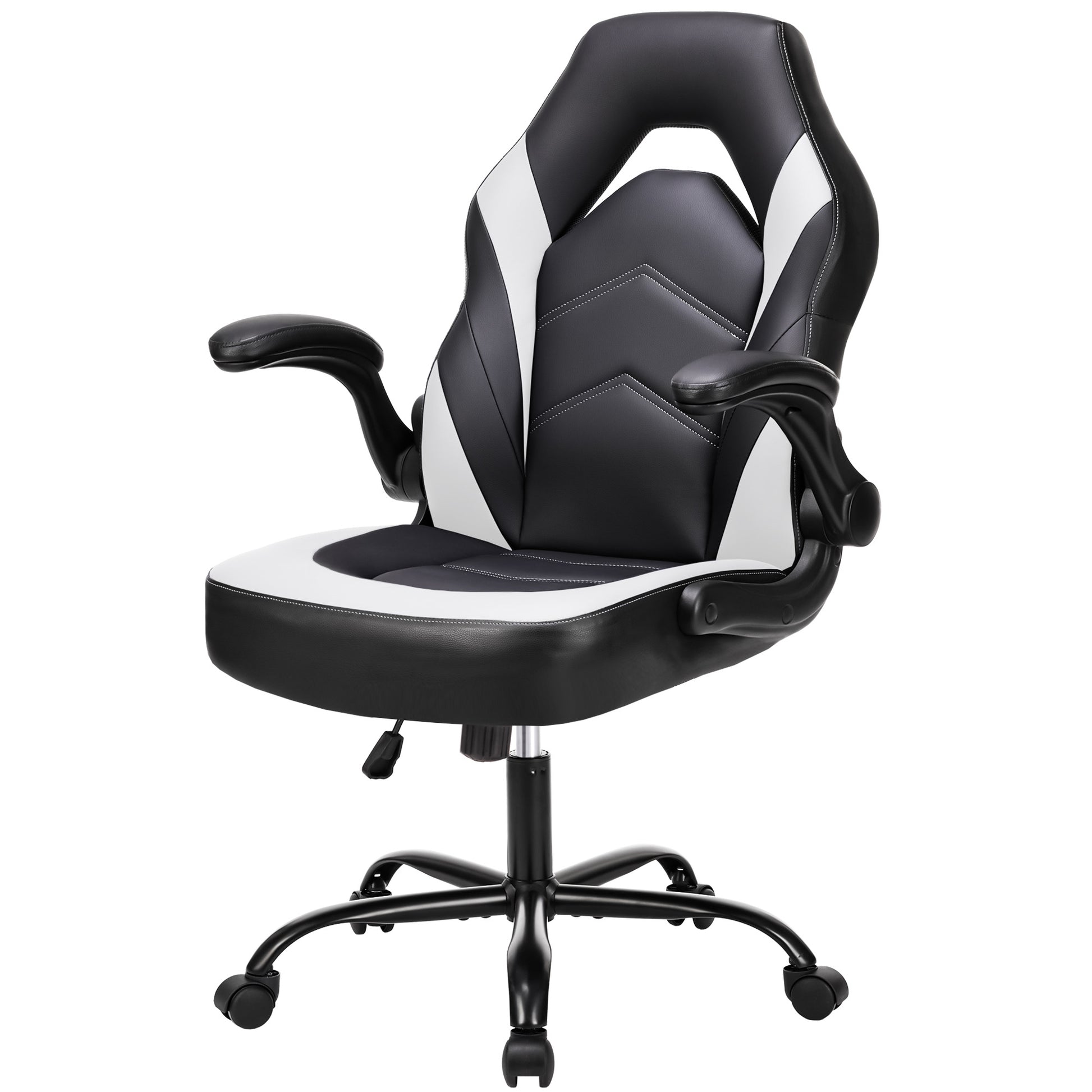 Sweetcrispy Gaming Chair Pu Leather Computer Chair Ergonomic Office Chair With Lumbar Support, Height Adjustable Rolling Desk Chairs With Flip Up Armrests Black White Pu