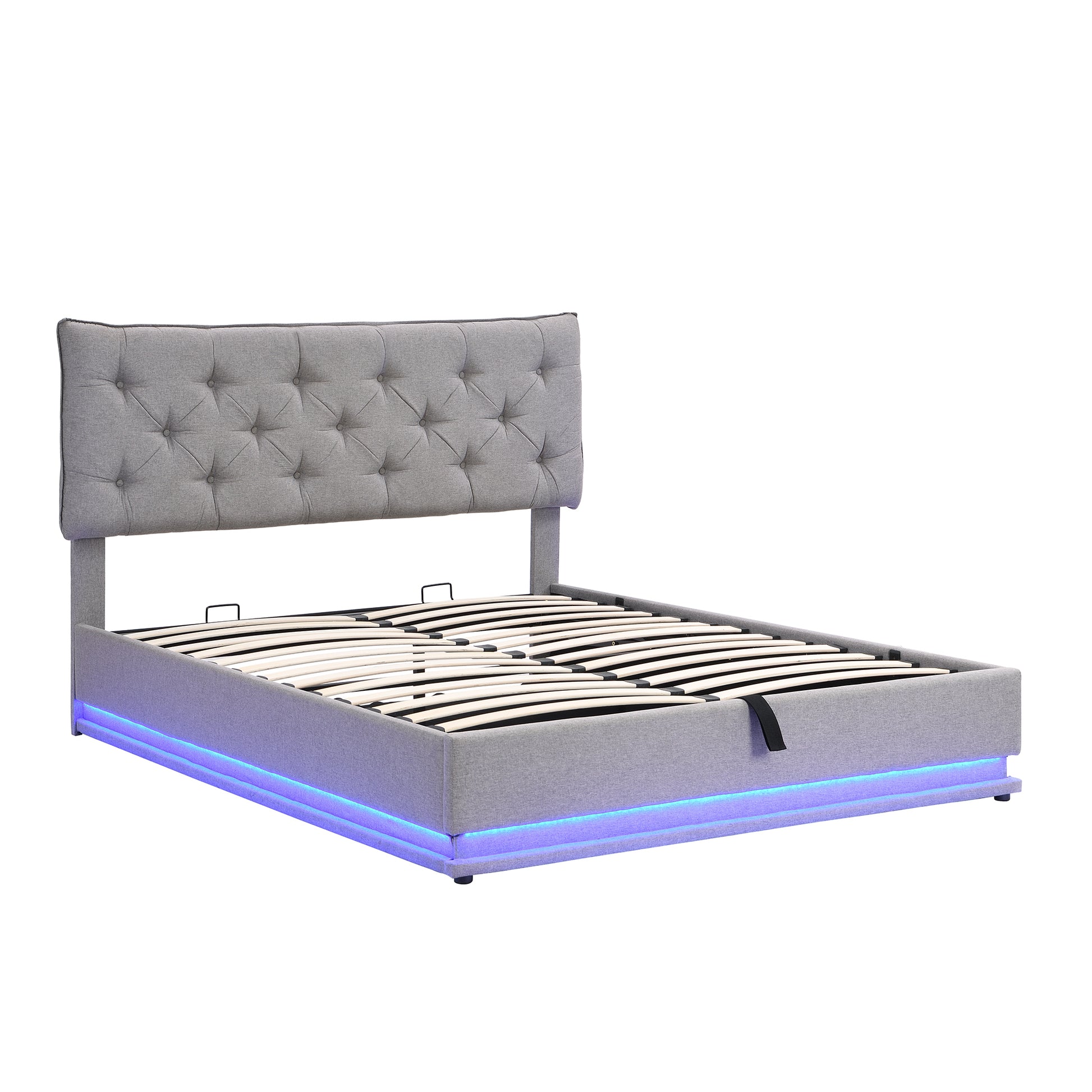 Queen Size Upholstered Bed With Hydraulic Storage System And Led Light, Modern Platform Bed With Button Tufted Design Headboard, Gray Gray Linen