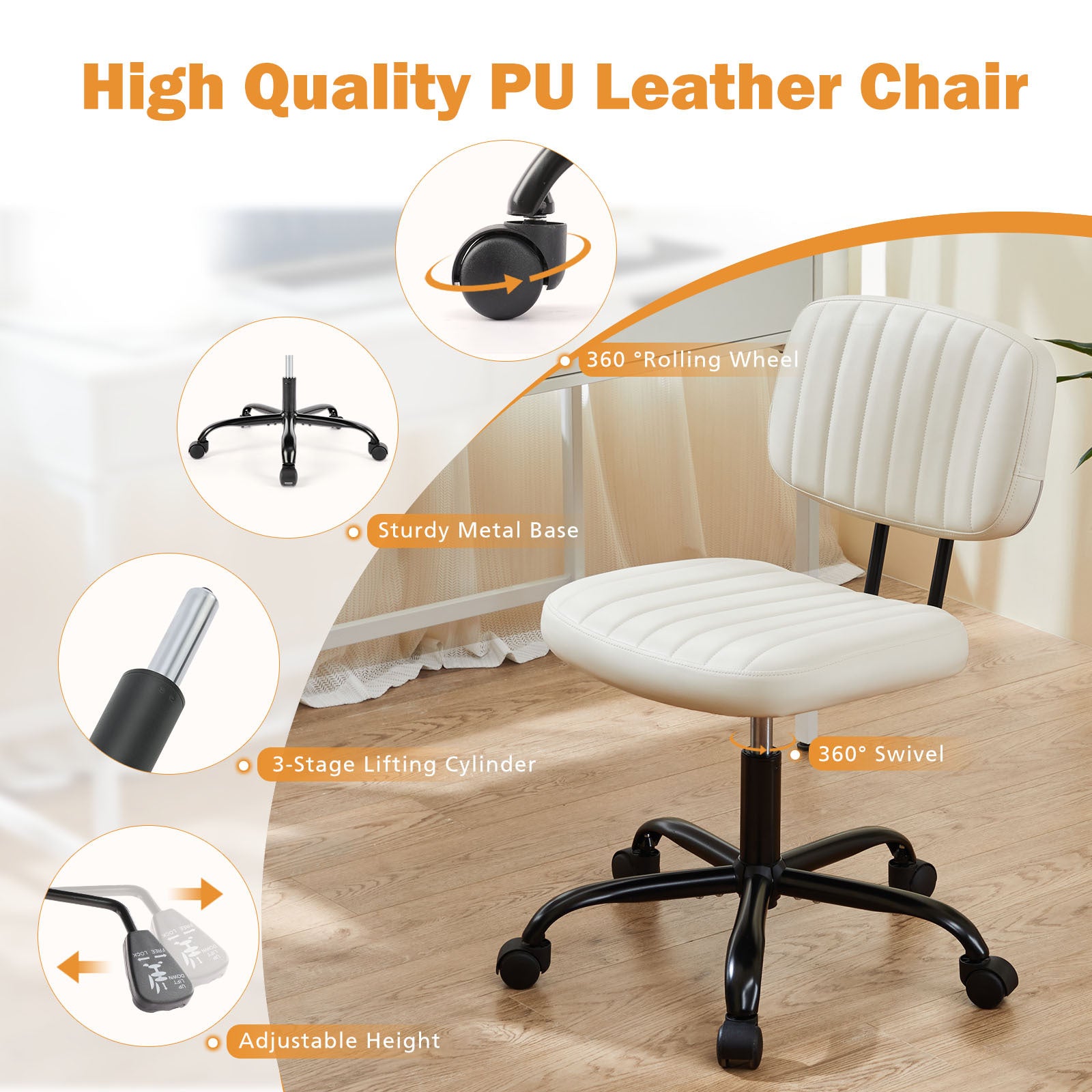 Sweetcrispy Pu Leather Low Back Task Chair Small Home Office Chair With Wheels White Abs Rubber Steel Q235