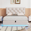 Full Size Upholstered Bed With Hydraulic Storage System And Led Light, Modern Platform Bed With Button Tufted Design Headboard, Beige Beige Linen