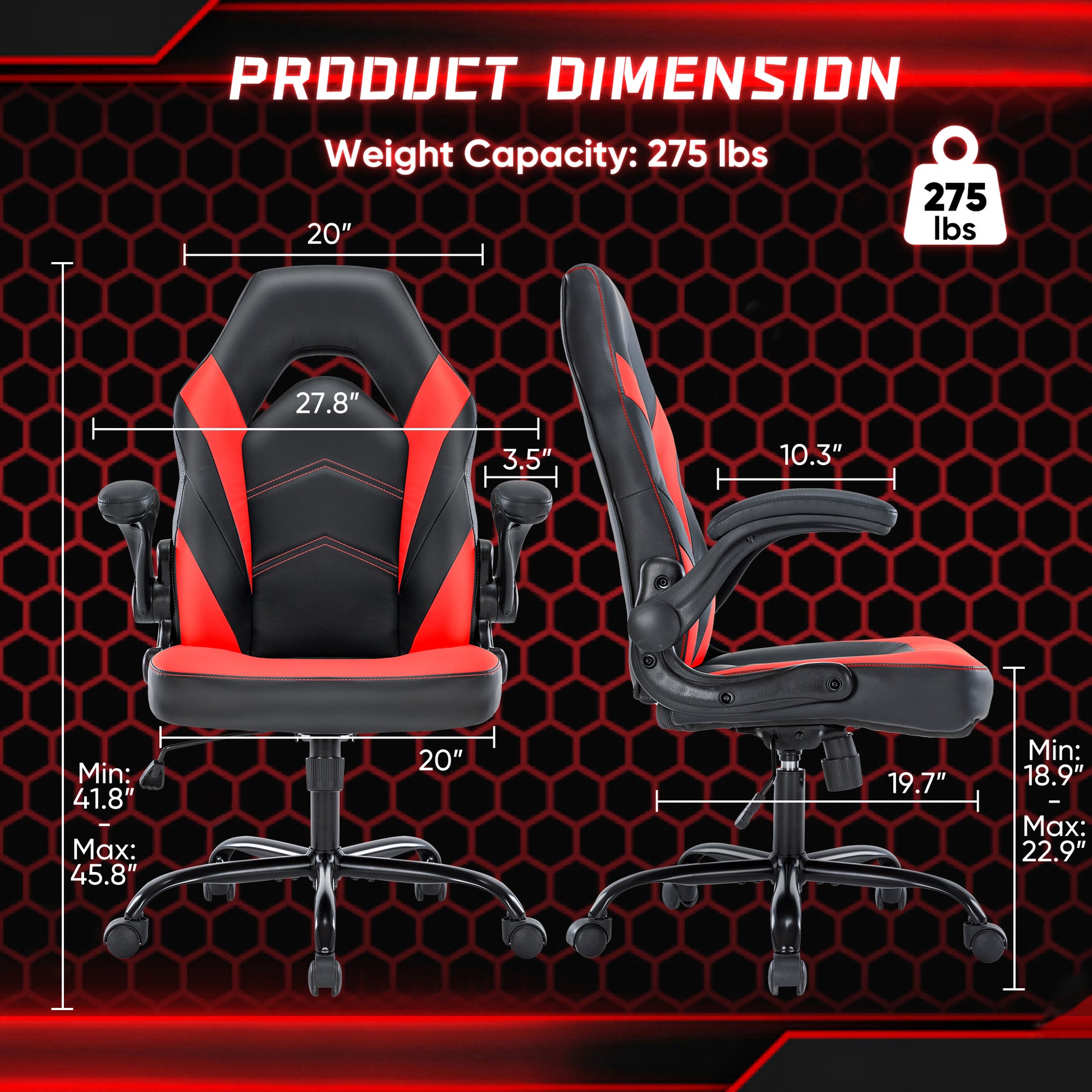 Sweetcrispy Gaming Chair Pu Leather Computer Chair Ergonomic Office Chair With Lumbar Support, Height Adjustable Rolling Desk Chairs With Flip Up Armrests Black Red Pu