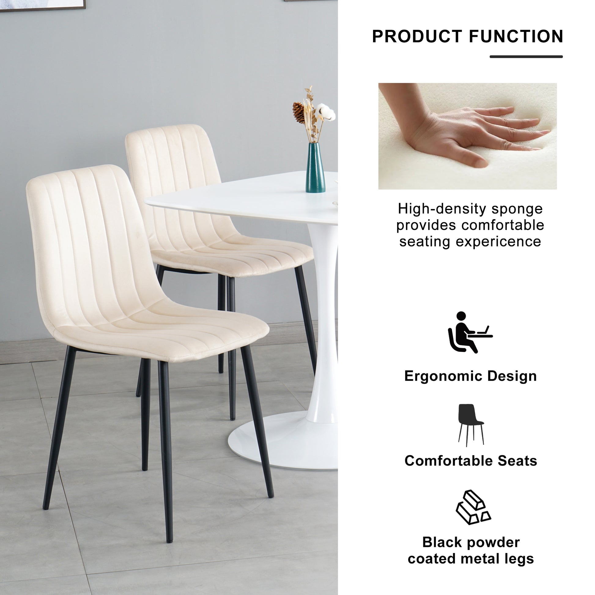 Indoor Velvet Dining Chair, Modern Dining Kitchen Chair With Cushion Seat Back Black Coated Metal Legs Upholstered Side Chair For Home Kitchen Restaurant And Living Room Set Of 4 Cream Color Metal
