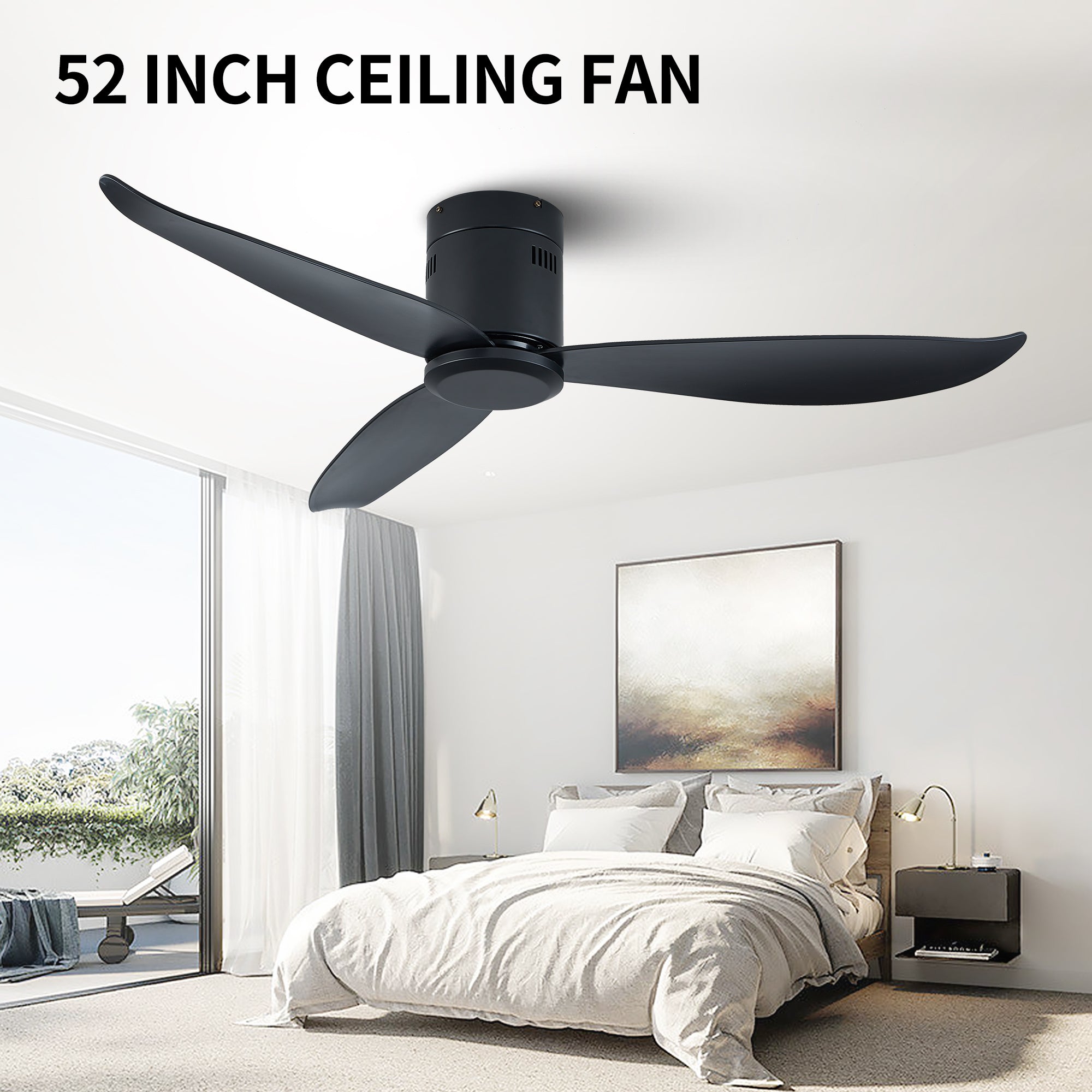 52" Low Profile Ceiling Fan No Light, Black Flush