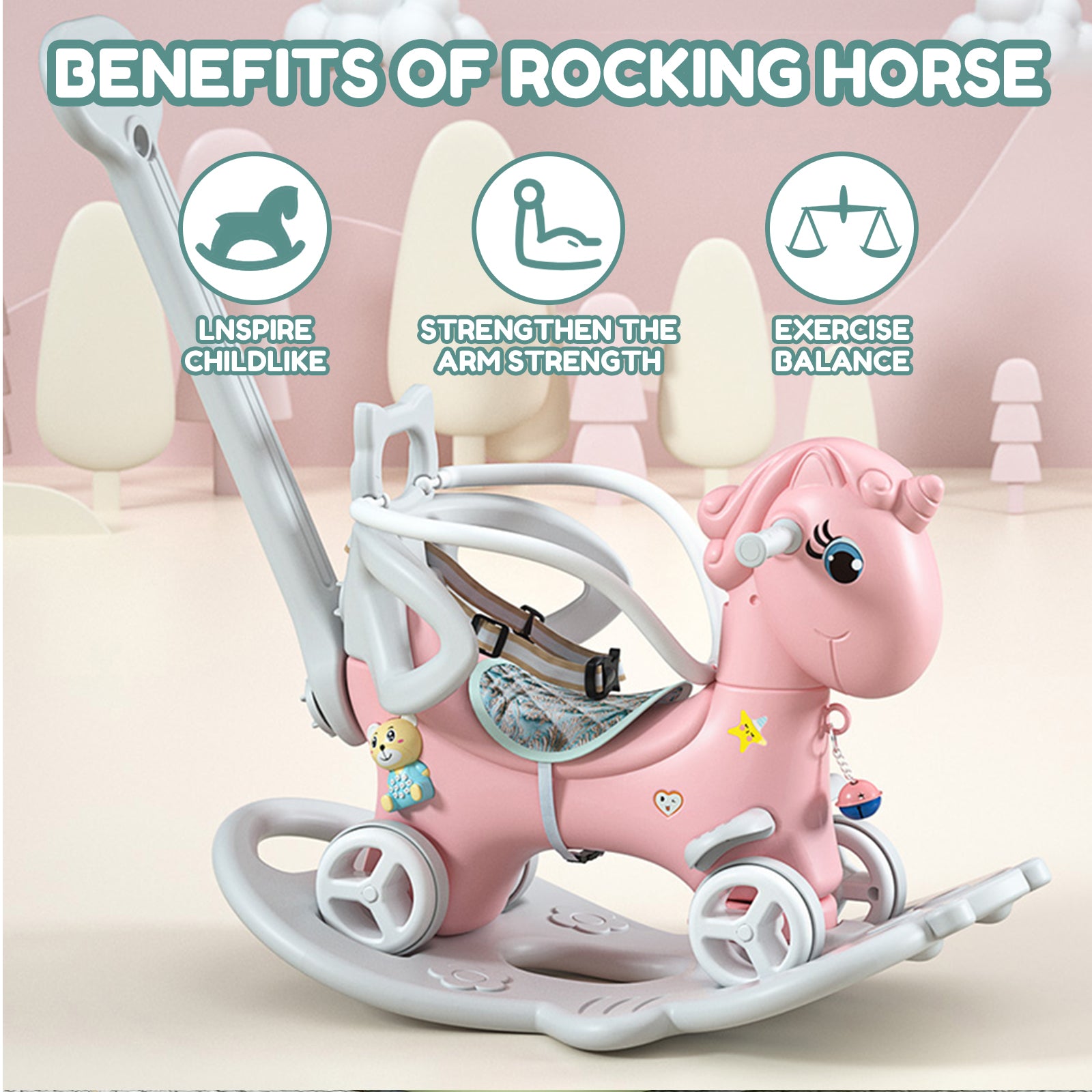 Rocking Horse For Toddlers, Balance Bike Ride On Toys With Push Handle, Backrest And Balance Board For Baby Girl And Boy, Unicorn Kids Pink Color Pink Hdpe