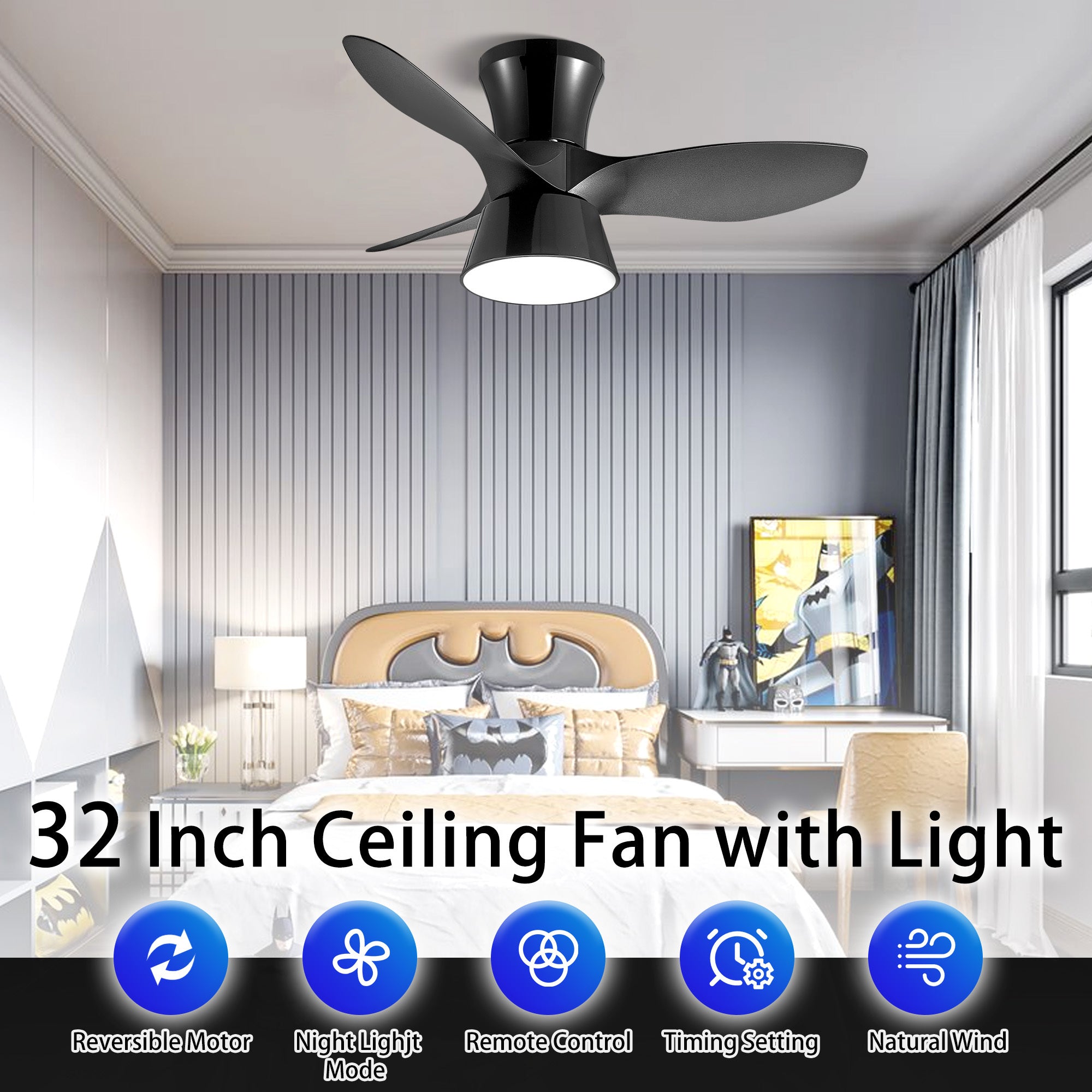 32 Inch Black Flush Mount Ceiling Fan with Light