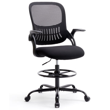 Sweetcrispy Drafting Tall Office Chair Ergonomic High Desk Chair With Flip Up Armrests Black Nylon Mesh