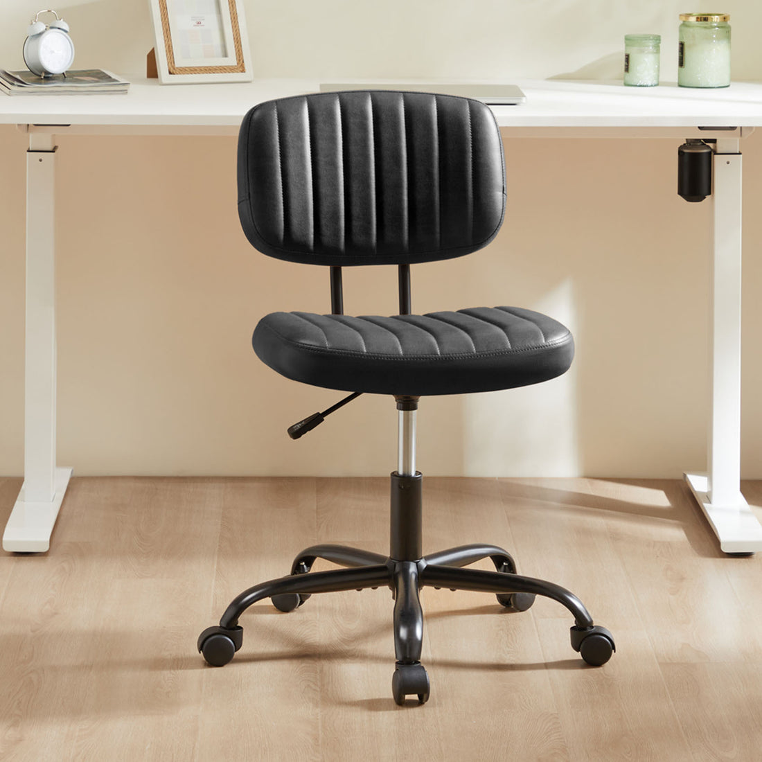 Sweetcrispy Pu Leather Low Back Task Chair Small Home Office Chair With Wheels Black Abs Rubber Steel Q235