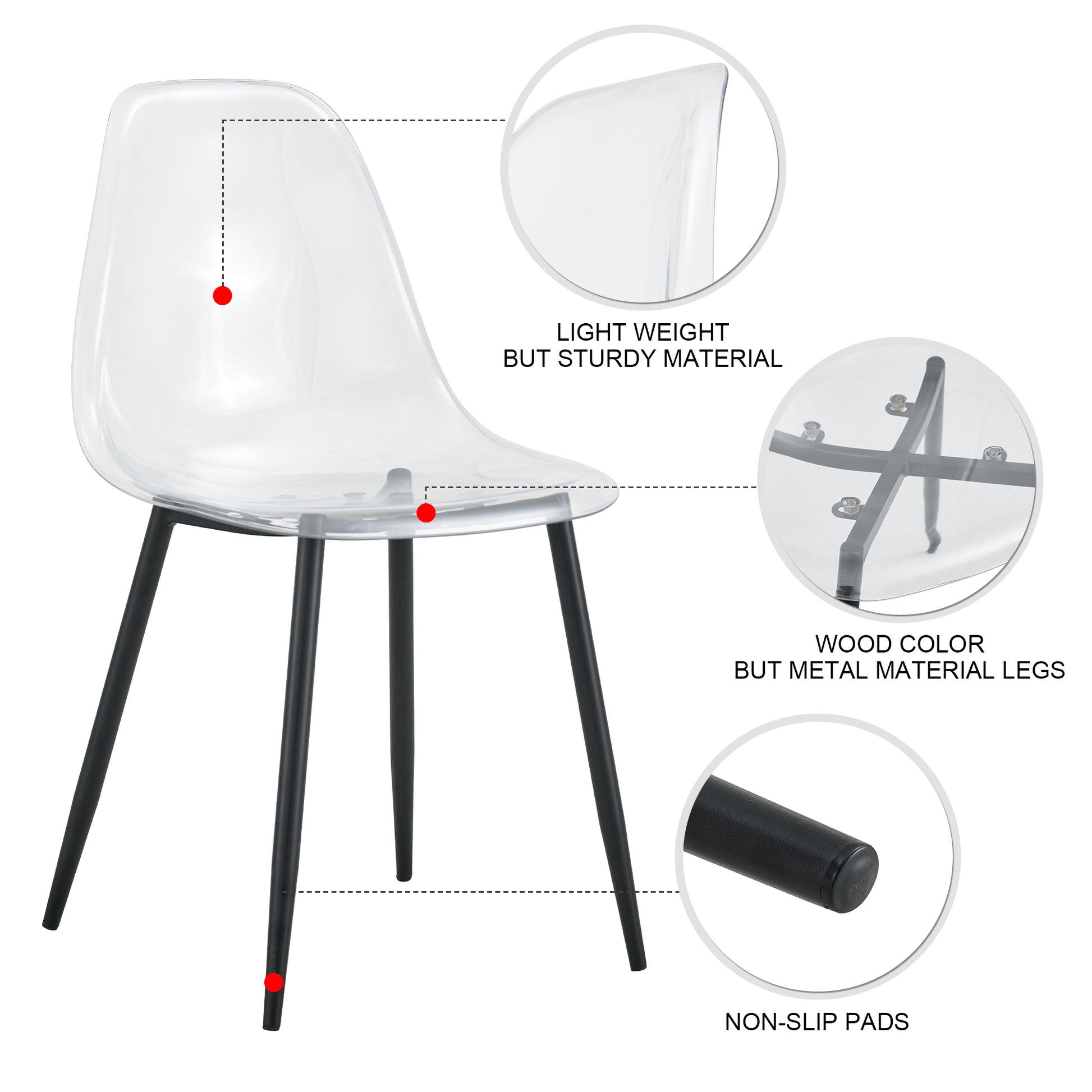 Table And Chair Set, Transparent Glass Tabletop And Black Metal Table Legs, Transparent Plastic Backrest Cushion And Black Metal Chair Legs, One Table With Four Chairs.Drt 1123 Tw 1200 Transparent Seats 4 Glass