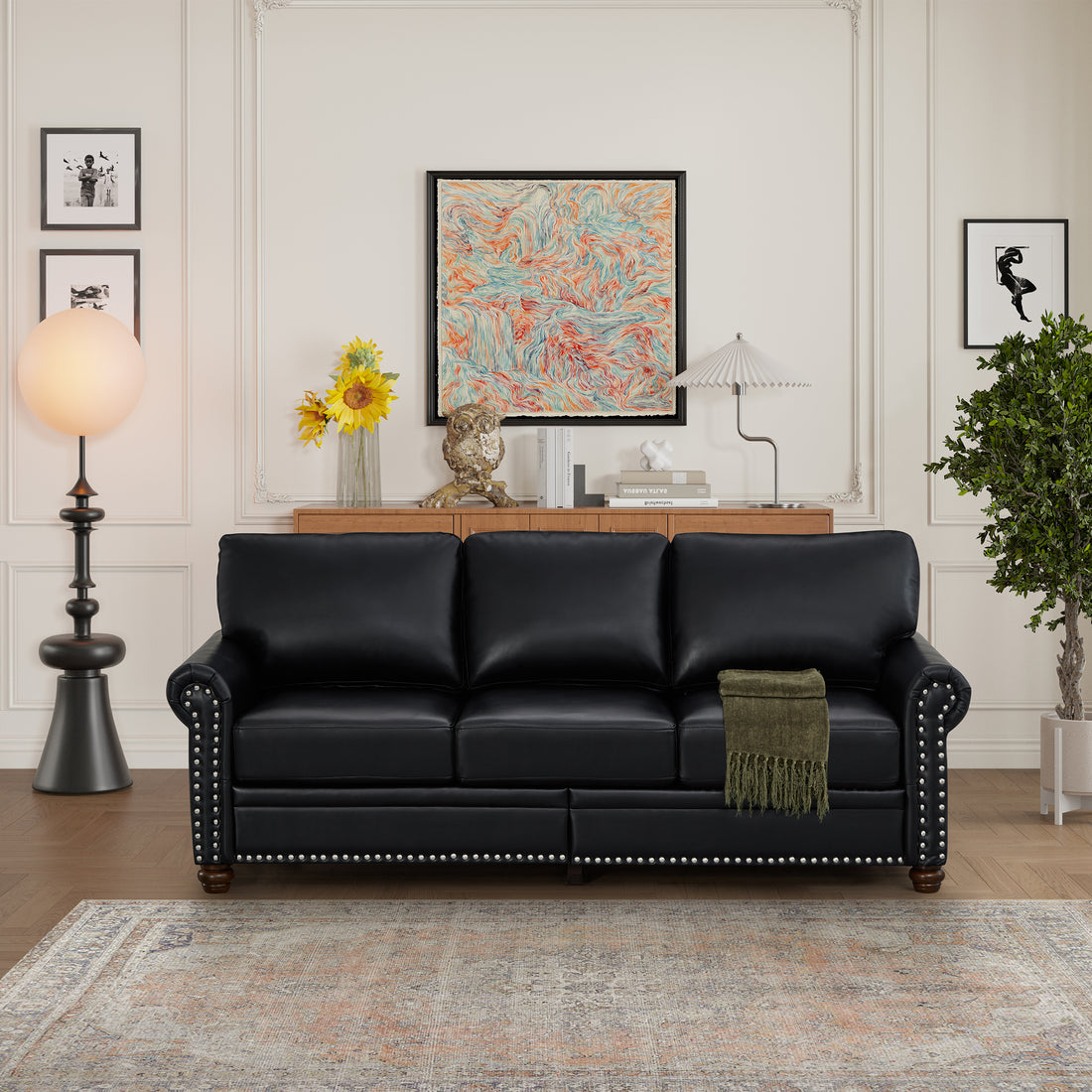 Classic Living Room Nails Sofa Black Faux Leather Black Foam Pu Leather