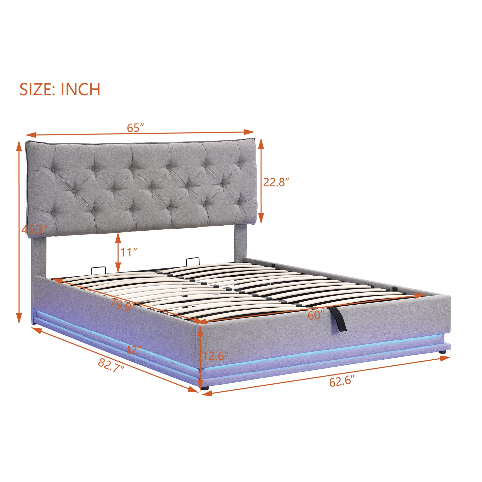 Queen Size Upholstered Bed With Hydraulic Storage System And Led Light, Modern Platform Bed With Button Tufted Design Headboard, Gray Gray Linen