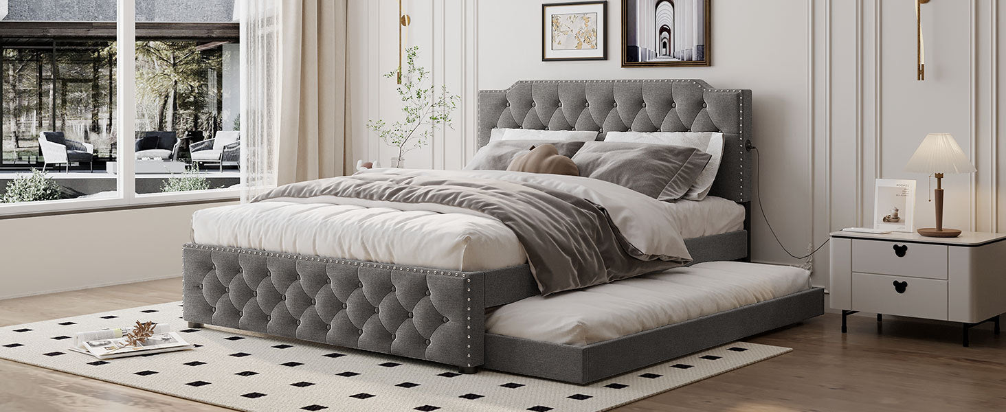 Queen Size Upholstered Platform Bed With Twin Size Trundle And 2 Sets Of Usb Ports On Each Side, Linen Fabric, Gray Queen Gray Linen