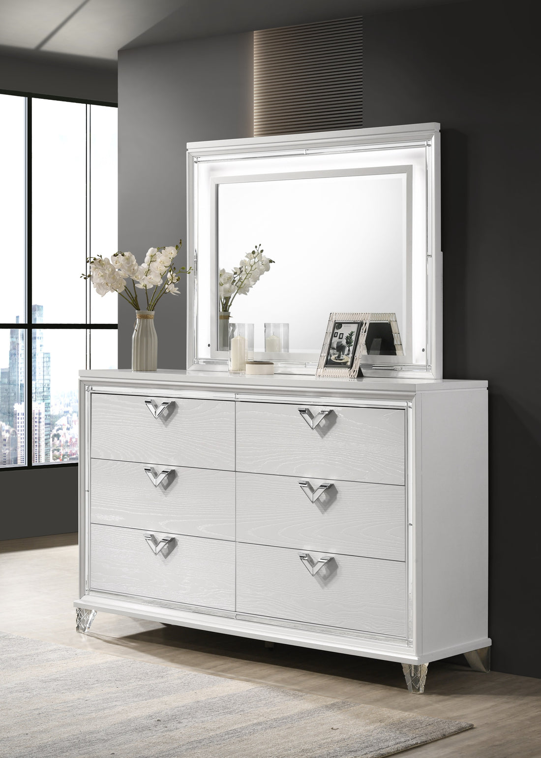 Prism Modern Style 6 Drawer Dresser With Mirror Accent & V Shape Handles In White Silver Bedroom Modern Wood