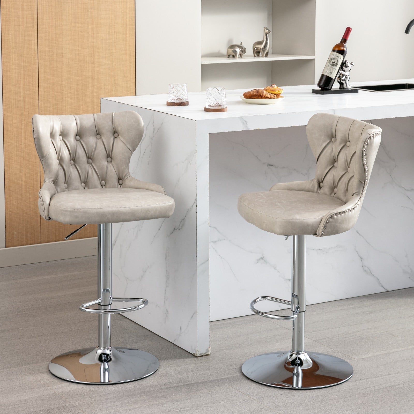 Swivel Pu Barstools Adjusatble Seat Height From 25 33 Inch, Modern Upholstered Chrome Base Bar Stools With Backs Comfortable Tufted For Home Pub And Kitchen Island,Olive Green, Sw1844Bg Beige Dining