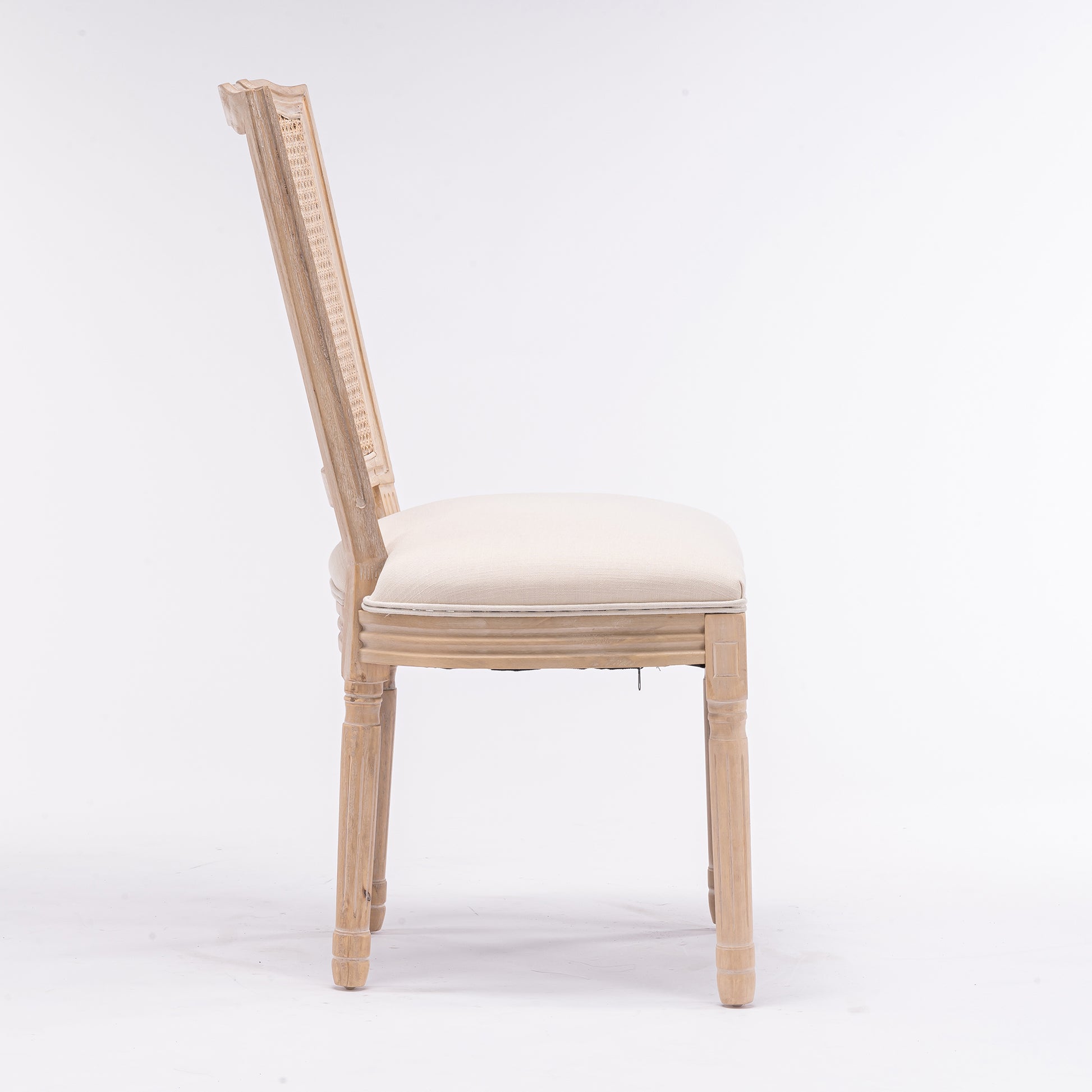 French Style Solid Wood Frame Linen Fabric Square Rattan Back Dining Chair,Set Of 2,Cream Cream Fabric Solid Wood