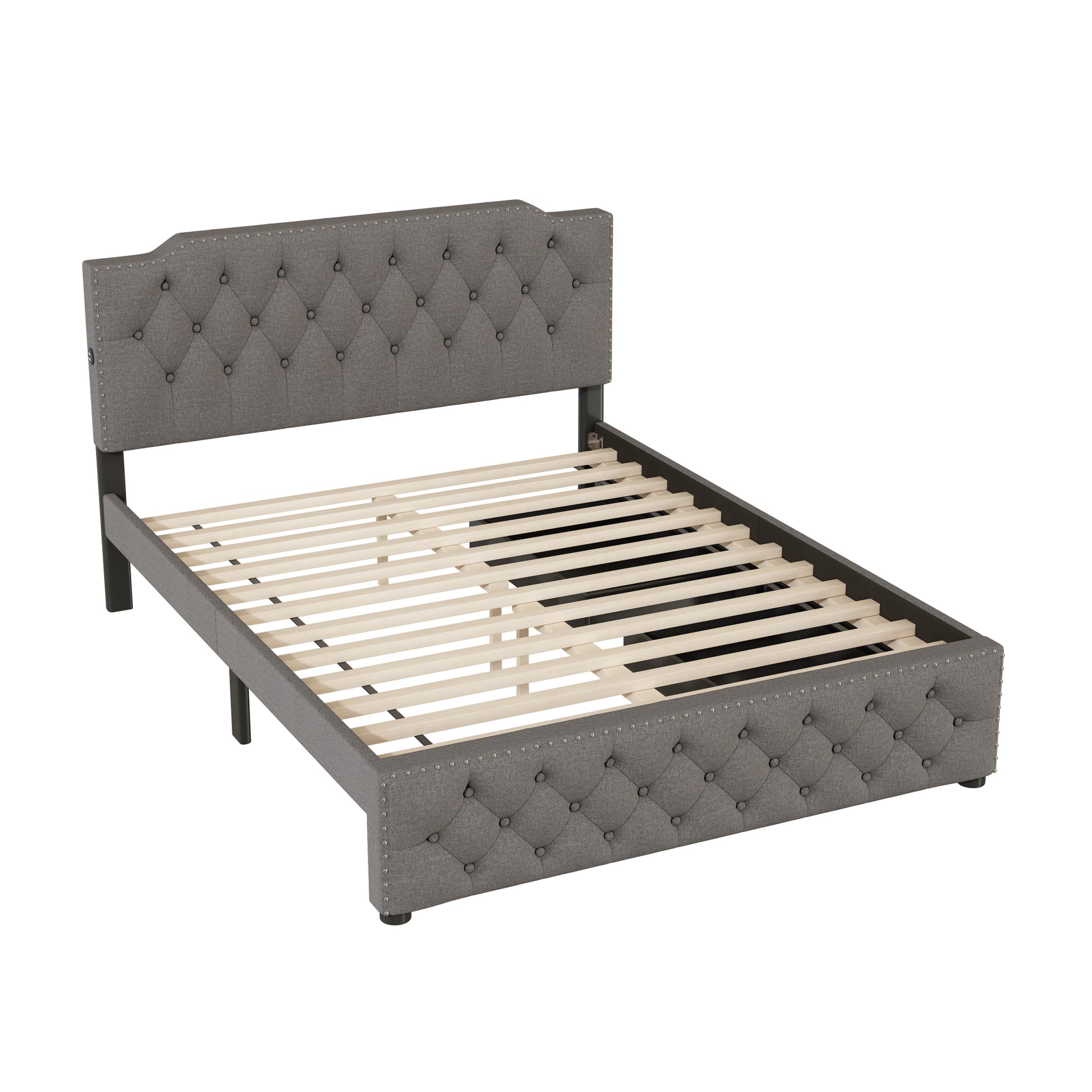 Queen Size Upholstered Platform Bed With 2 Drawers And 2 Sets Of Usb Ports On Each Side, Linen Fabric, Gray Gray Linen