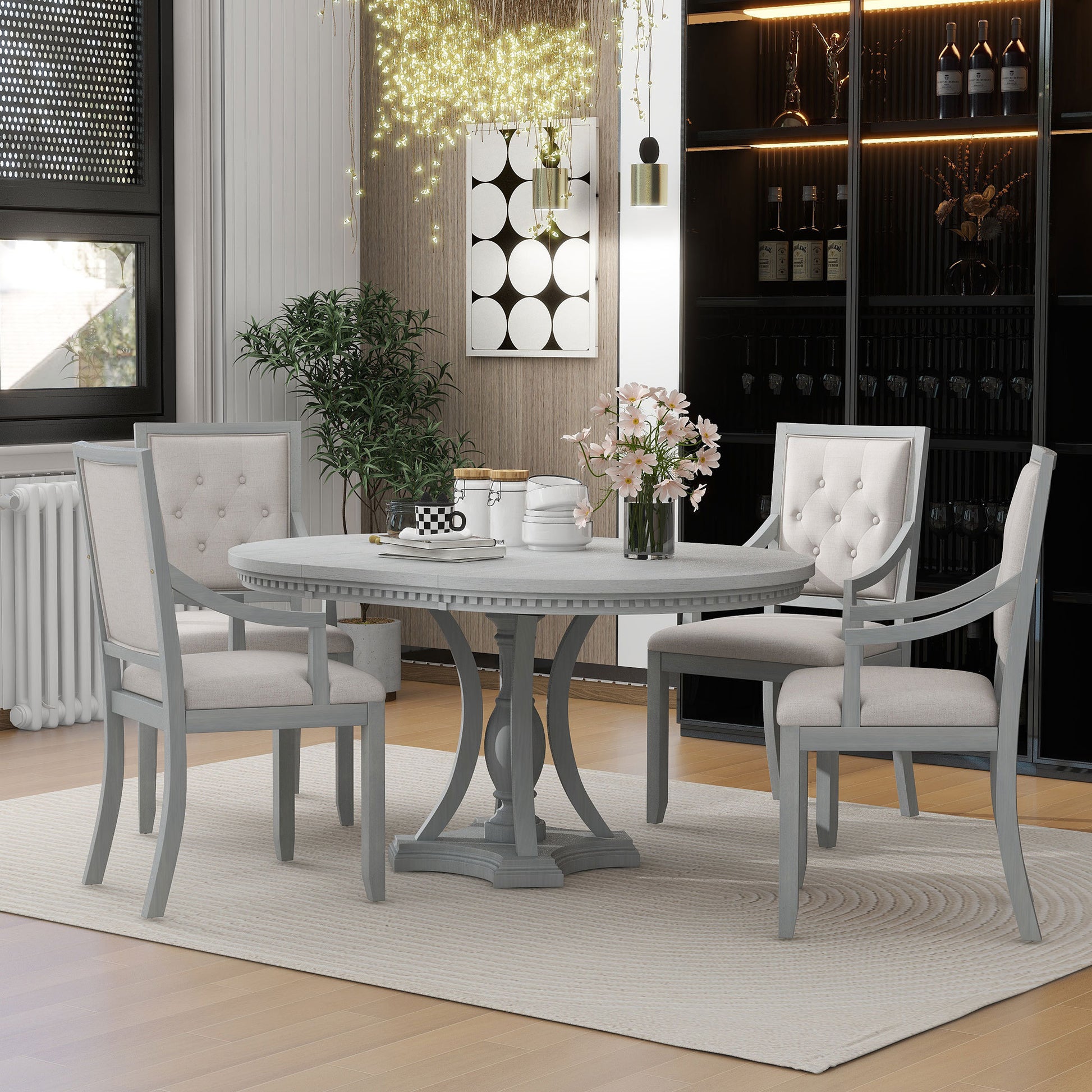 Retro 5 Piece Dining Set Extendable Round Table And 4 Chairs For Kitchen Dining Room Antique Gray Oak Antique Gray Mdf