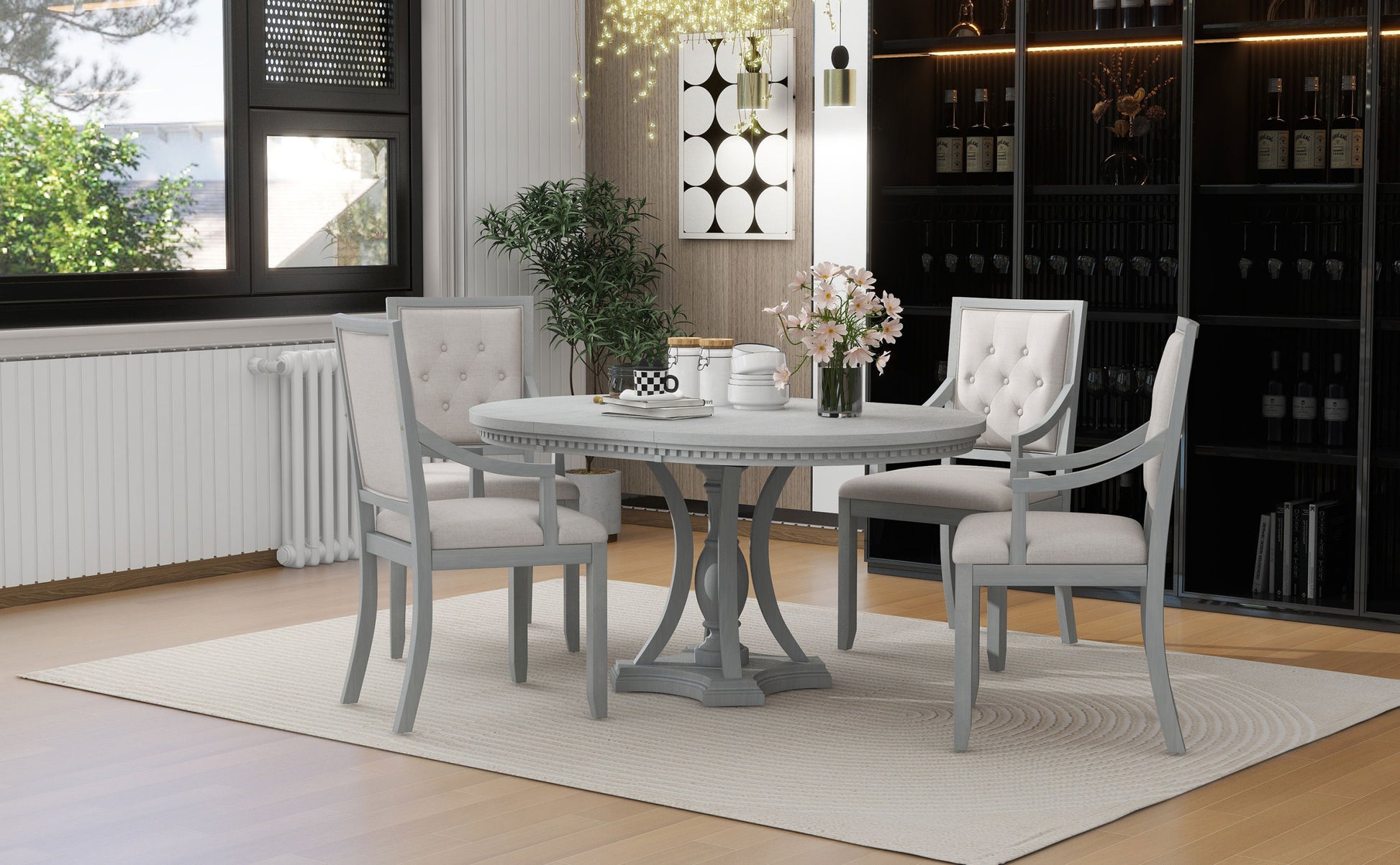 Retro 5 Piece Dining Set Extendable Round Table And 4 Chairs For Kitchen Dining Room Antique Gray Oak Antique Gray Mdf