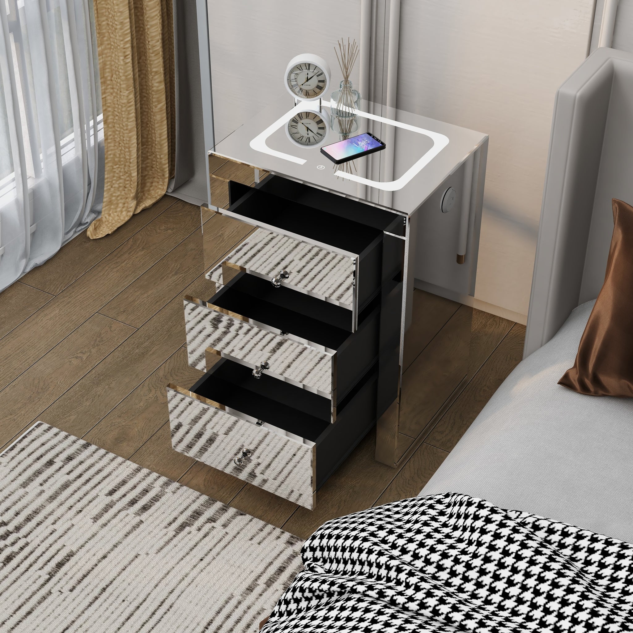 Silver glass nightstand for living room, bedside table silver-3 drawers-mdf+glass