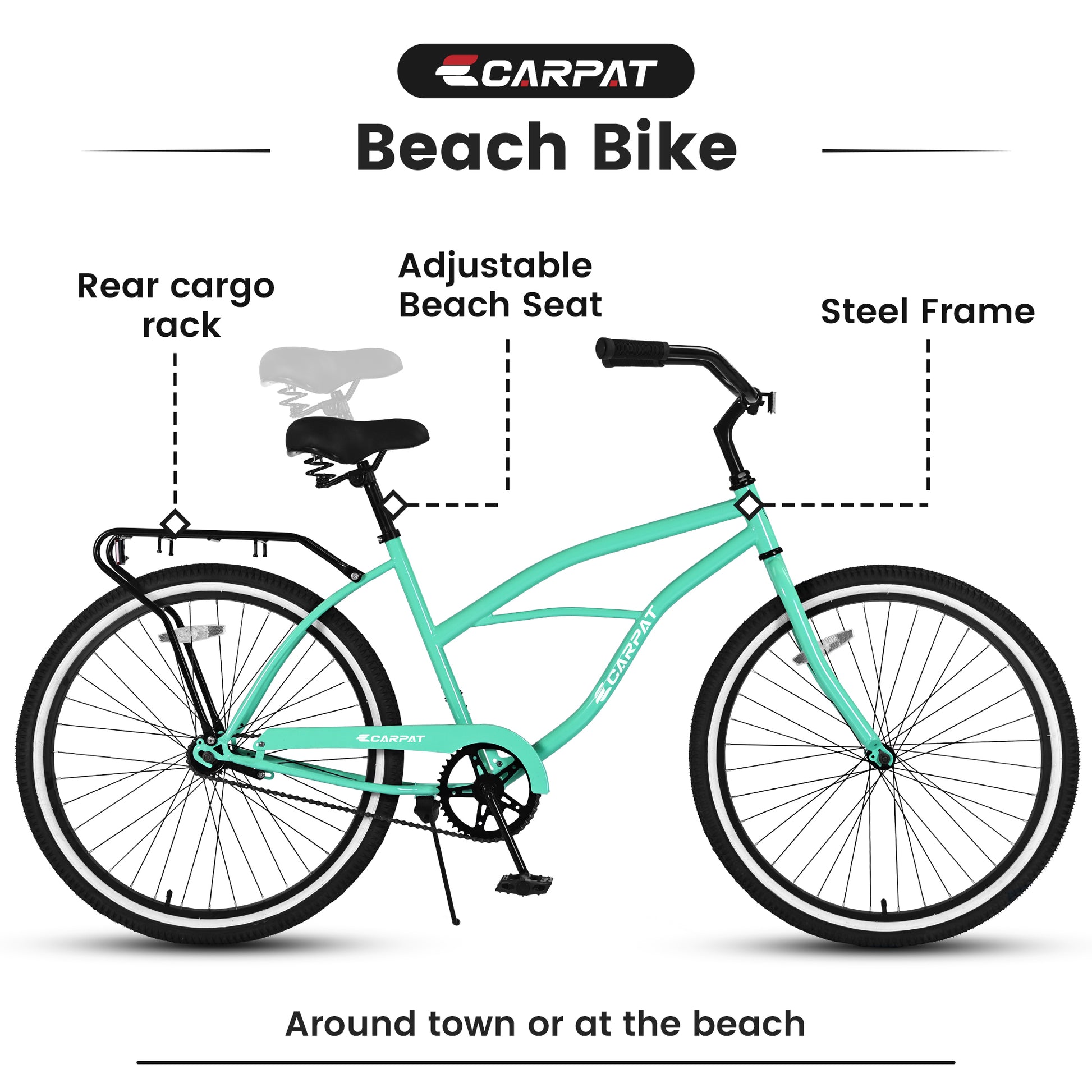 S26204 26 Inch Beach Cruiser Bike For Men And Women, Steel Frame, Single Speed Drivetrain, Upright Comfortable Rides, Multiple Colors Green Steel