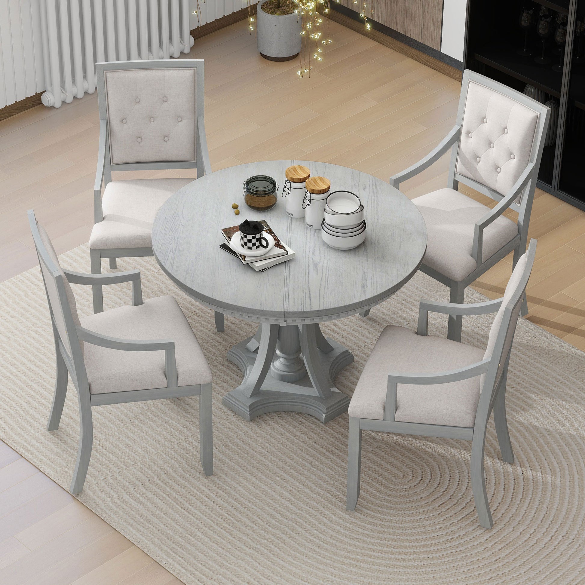 Retro 5 Piece Dining Set Extendable Round Table And 4 Chairs For Kitchen Dining Room Antique Gray Oak Antique Gray Mdf