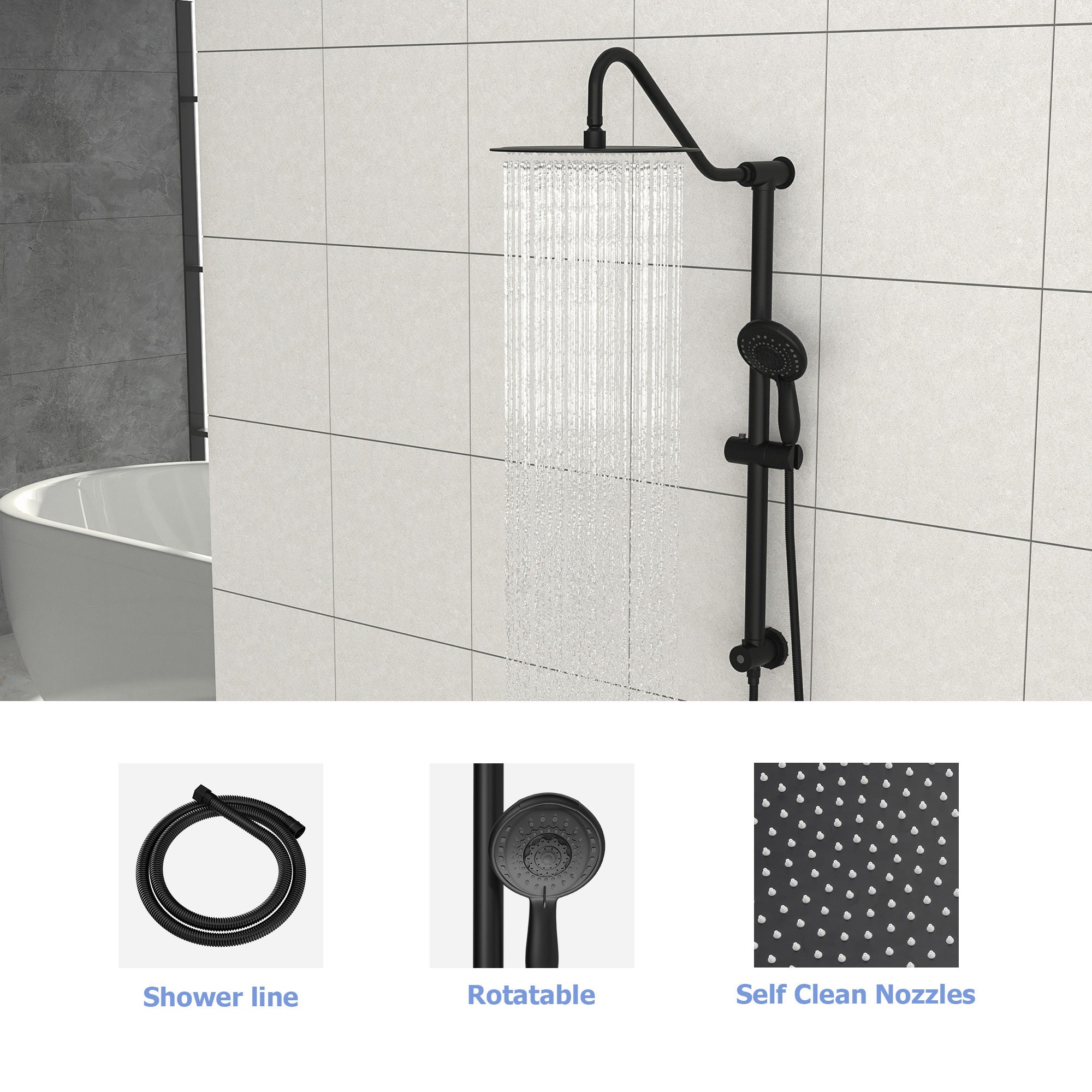 10 Inch Shower System with 5 Function Rain Hand matte black-metal