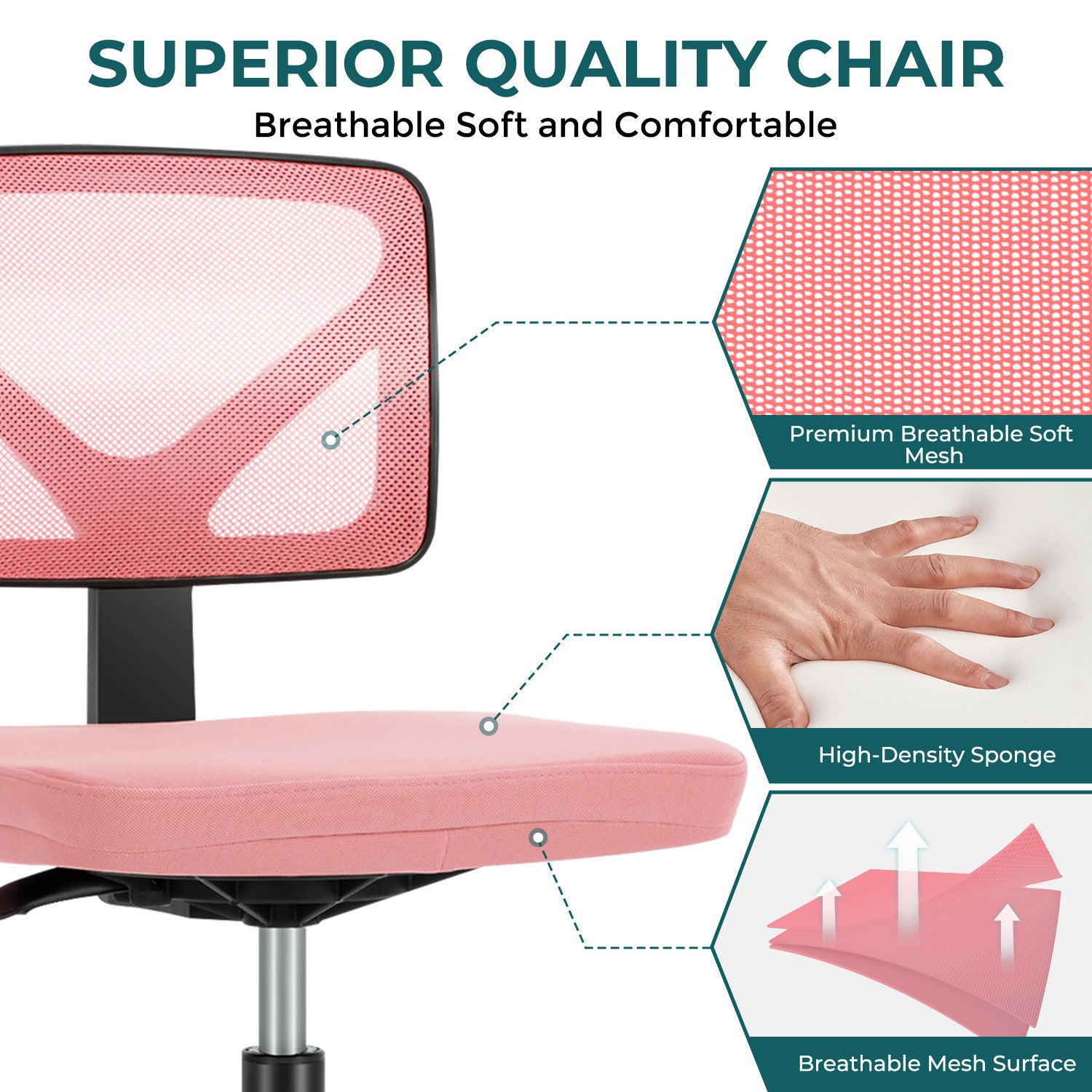Sweetcrispy Armless Desk Chair Small Home Office Chair pink-nylon mesh