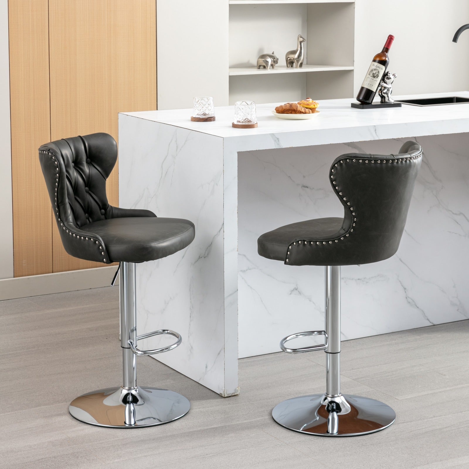 Swivel Pu Barstools Adjusatble Seat Height From 25 33 Inch, Modern Upholstered Chrome Base Bar Stools With Backs Comfortable Tufted For Home Pub And Kitchen Island,Olive Green, Sw1844Gy Gray Dining Room American Design Foam Pu Leather