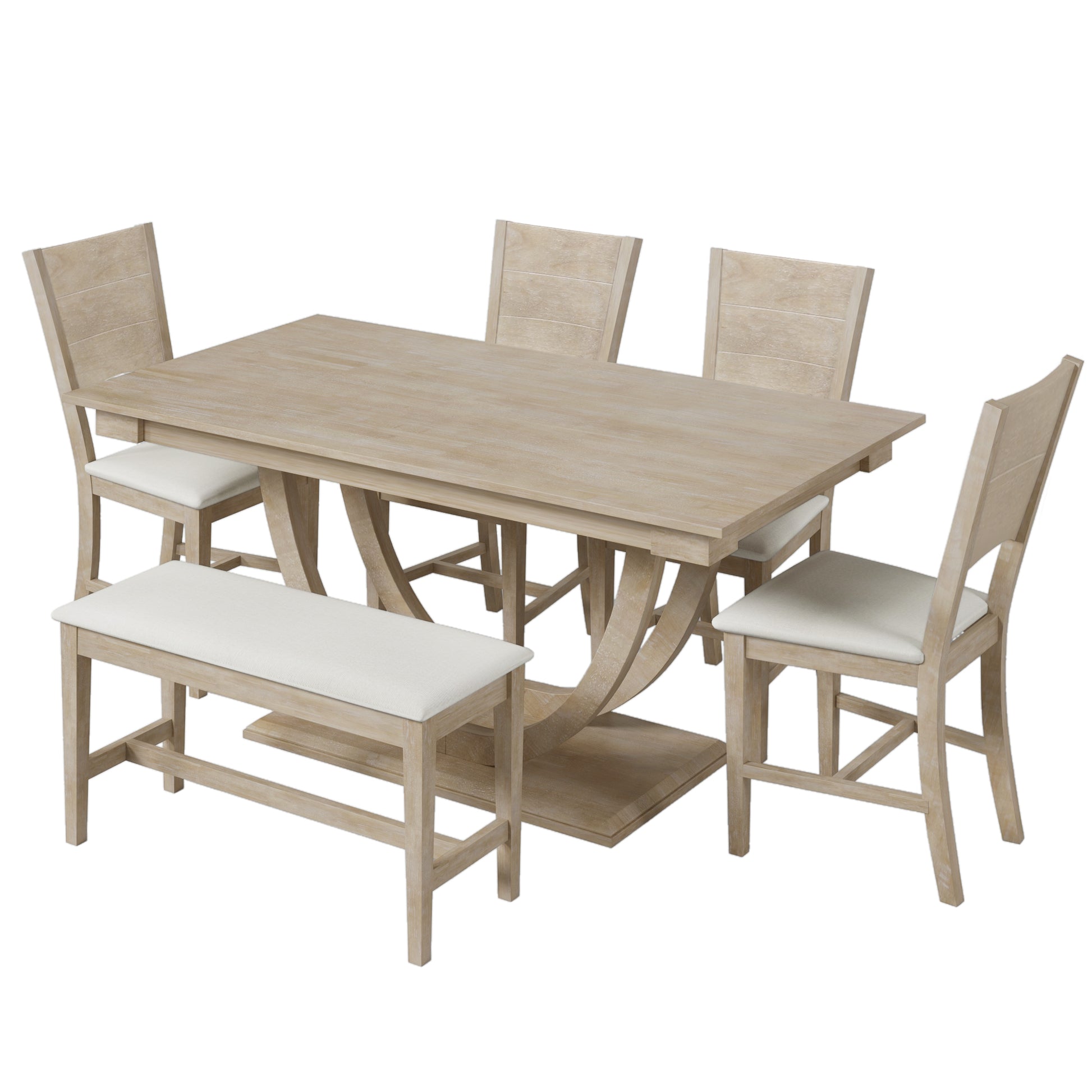 6 Piece Wood Half Round Dining Table Set Kitchen Table Set With Long Bench And 4 Dining Chairs, Modern Style, Natural Wood Dining Room Bench Seating Rubberwood Rectangular Dining Table With Chair