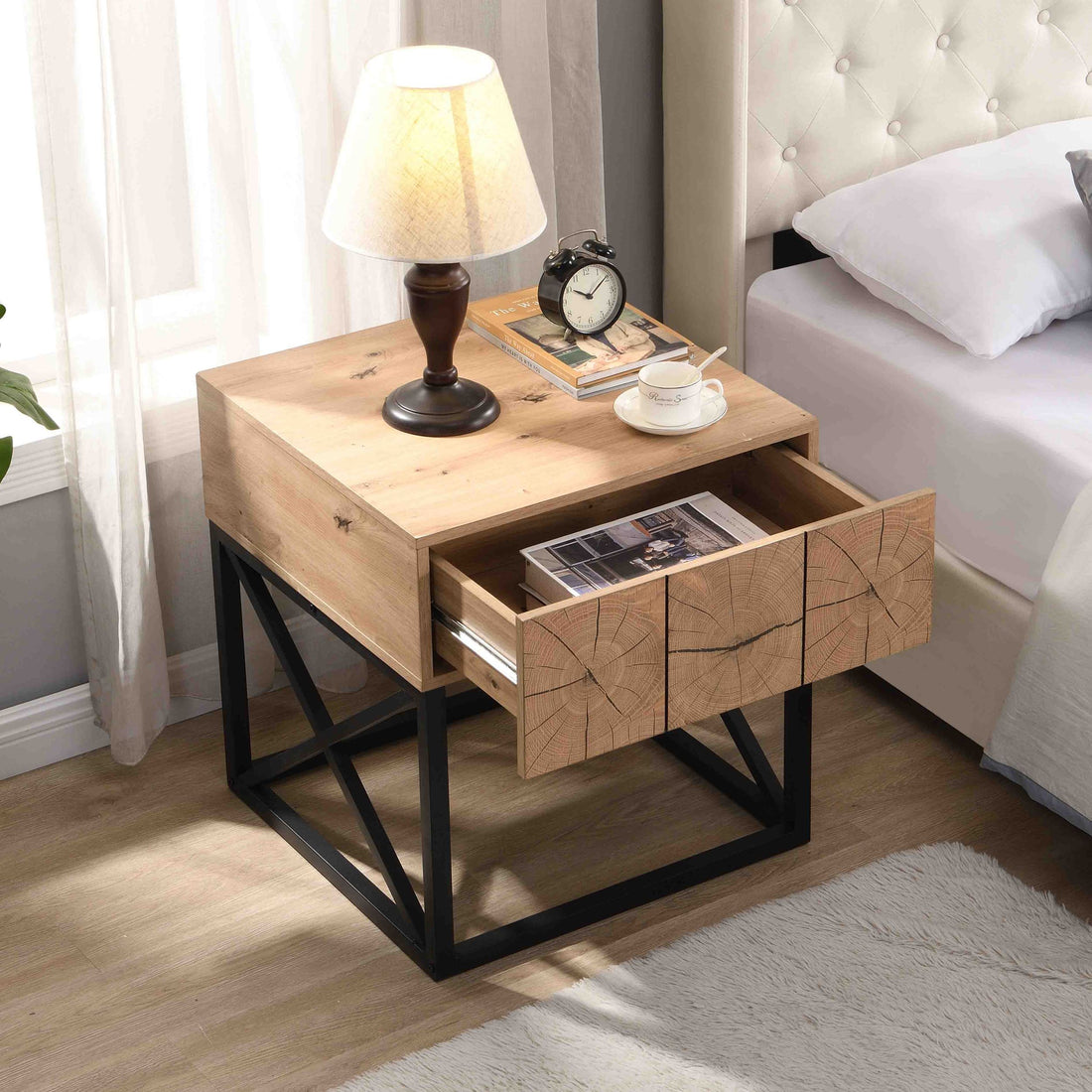 21.65'' Luxury Night Stand With Drawer, Metal And Wood End Table,Industrial Bedside Table For Living Room, Bedroom&Office Natural Mdf Iron