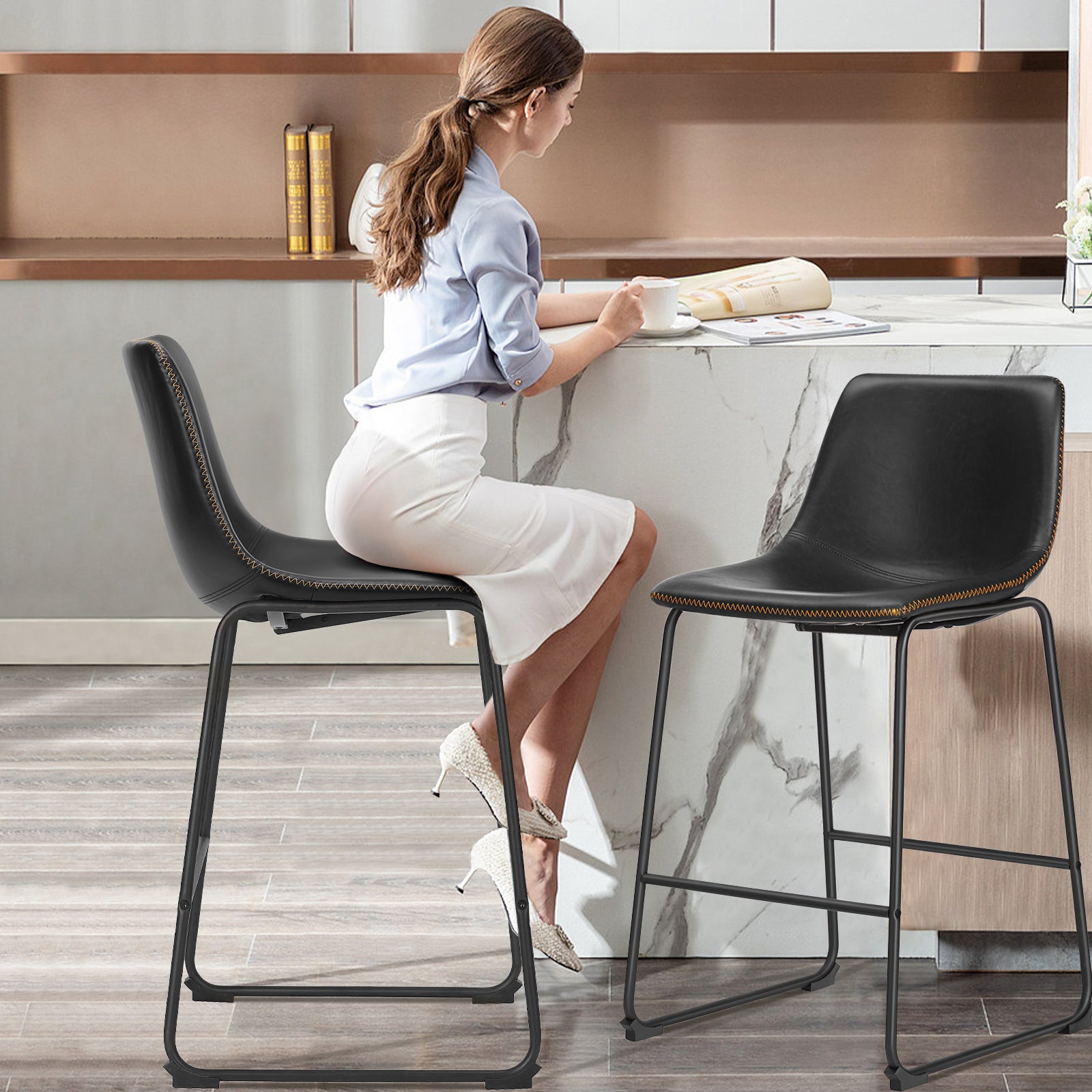 Sweetcrispy 26 Inch Counter Height Bar Stools Set Of 2 Leather Barstool With Back And Metal Leg Modern Bar Stools For Kitchen Island Pub Living Room Black Pu