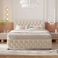 Queen Size Upholstered Platform Bed With 2 Drawers And 2 Sets Of Usb Ports On Each Side, Linen Fabric, Beige Beige Linen