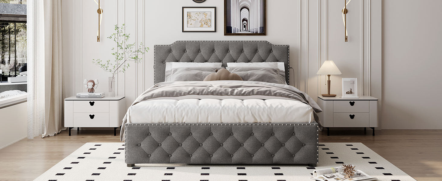 Queen Size Upholstered Platform Bed With Twin Size Trundle And 2 Sets Of Usb Ports On Each Side, Linen Fabric, Gray Queen Gray Linen