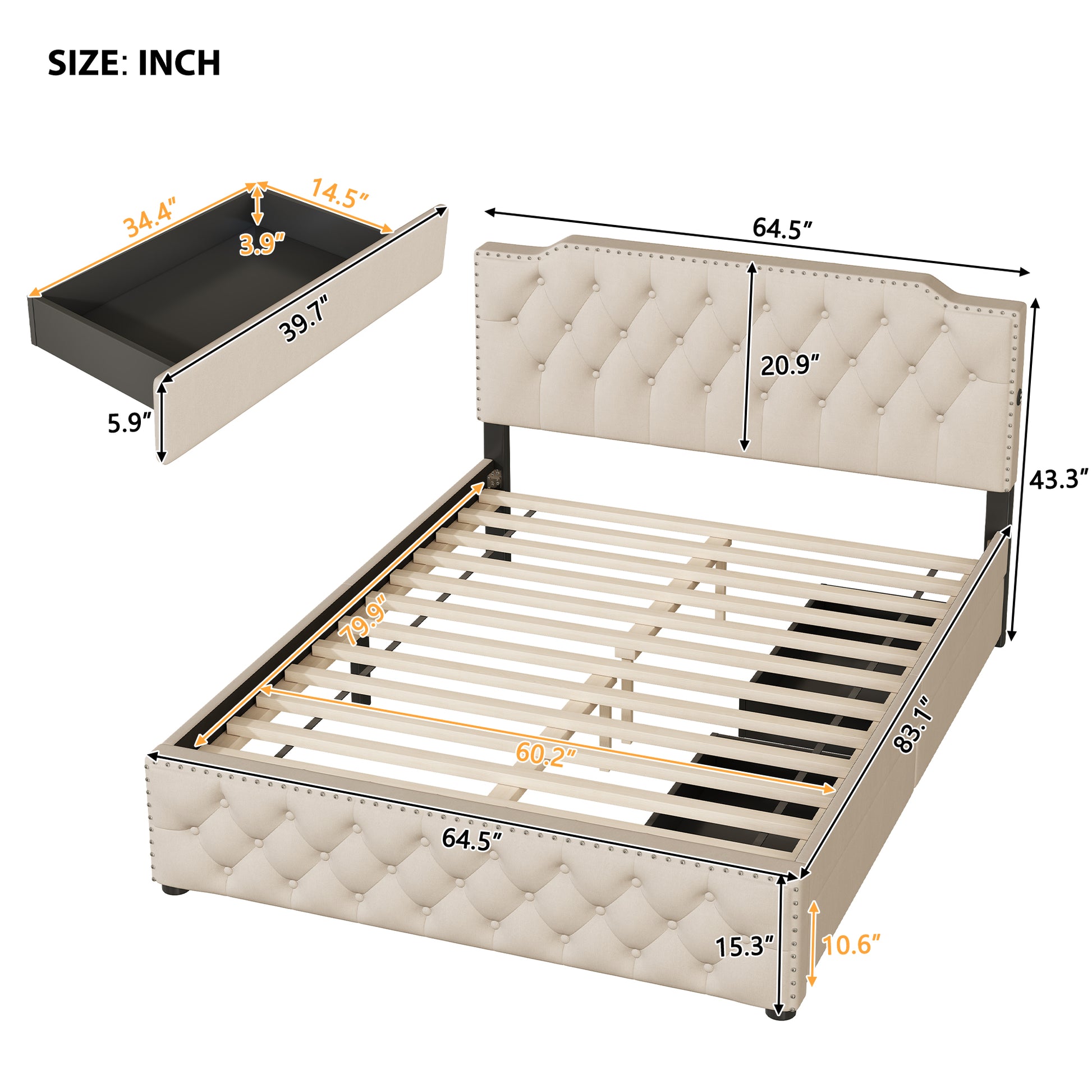 Queen Size Upholstered Platform Bed With 2 Drawers And 2 Sets Of Usb Ports On Each Side, Linen Fabric, Beige Beige Linen