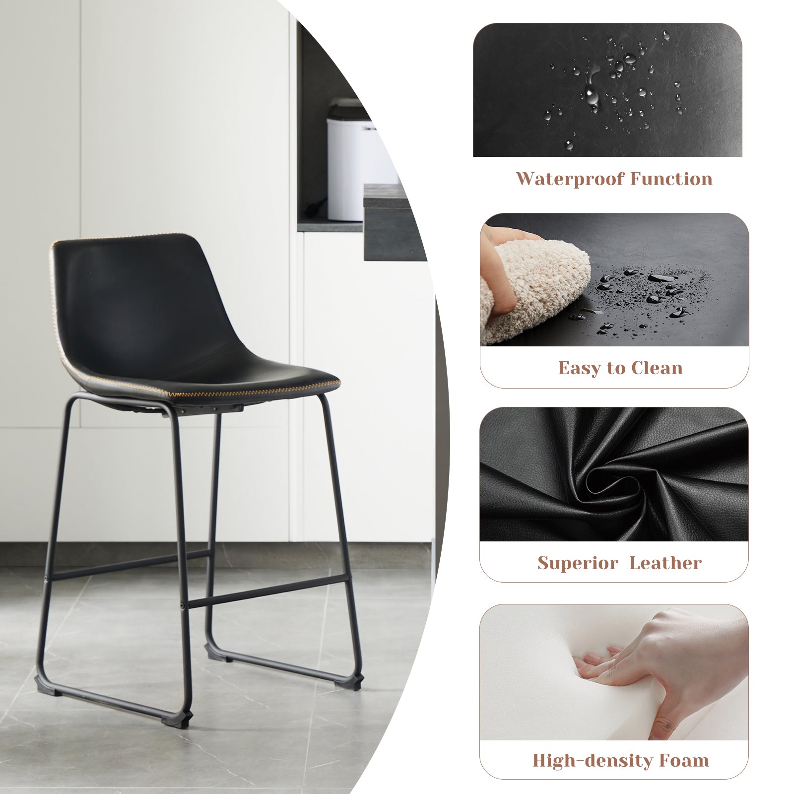 Sweetcrispy 26 Inch Counter Height Bar Stools Set Of 2 Leather Barstool With Back And Metal Leg Modern Bar Stools For Kitchen Island Pub Living Room Black Pu