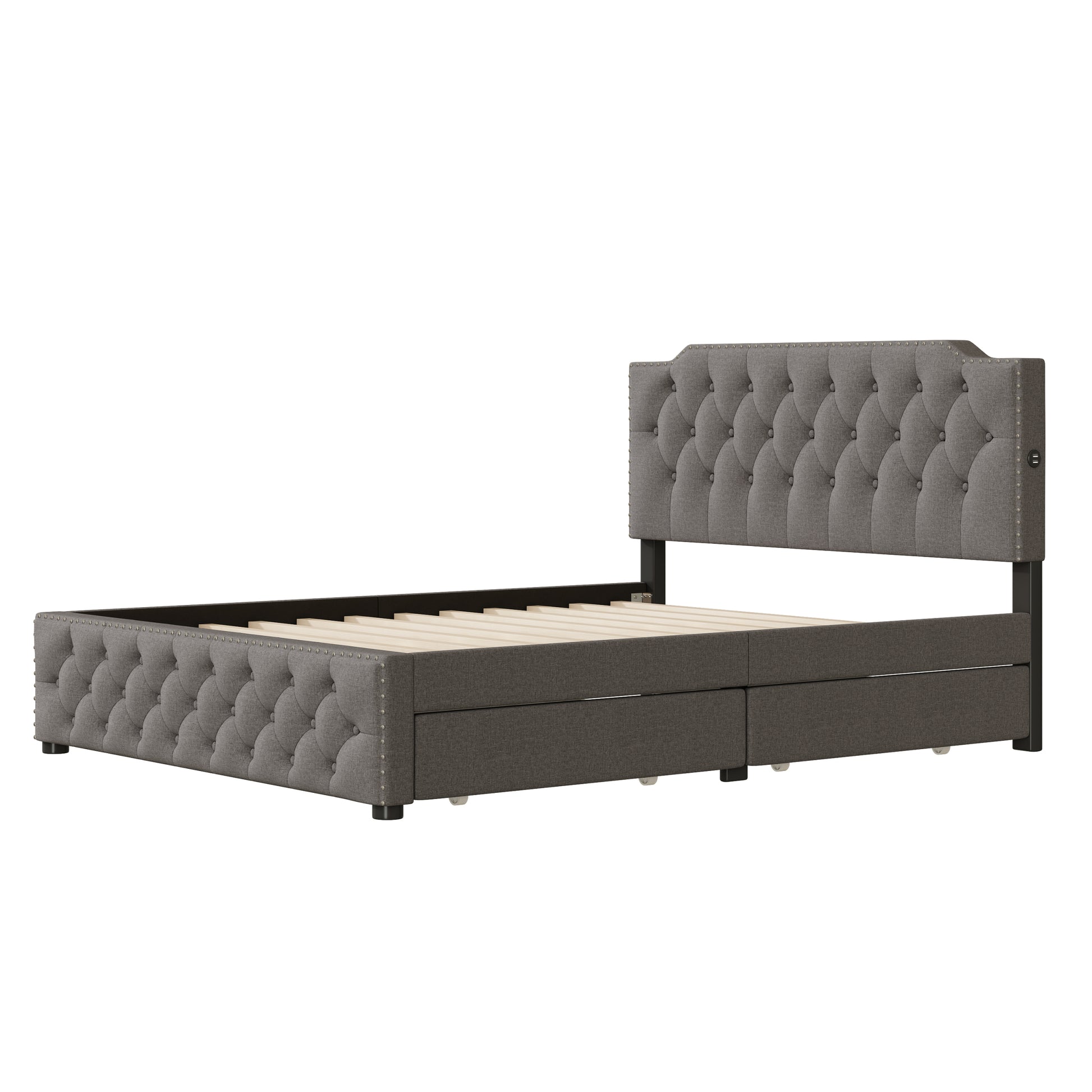 Queen Size Upholstered Platform Bed With 2 Drawers And 2 Sets Of Usb Ports On Each Side, Linen Fabric, Gray Gray Linen