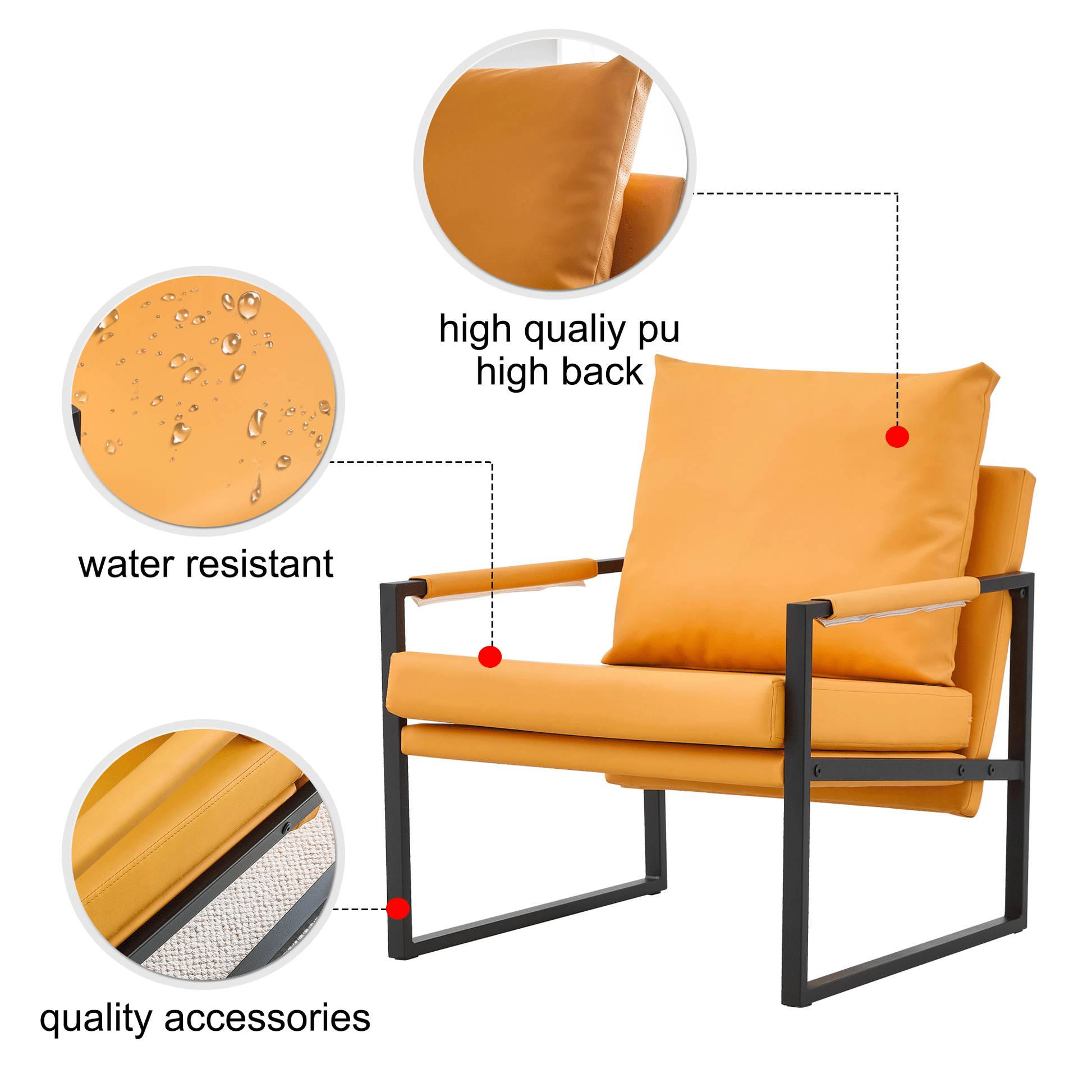 Pu Leather Accent Arm Chair Mid Century Upholstered Armchair With Metal Frame Extra Thick Padded Backrest And Seat Cushion Sofa Chairs For Living Room Orange Pu Leather Metal Frame Foam Sf 008 Orange Pu