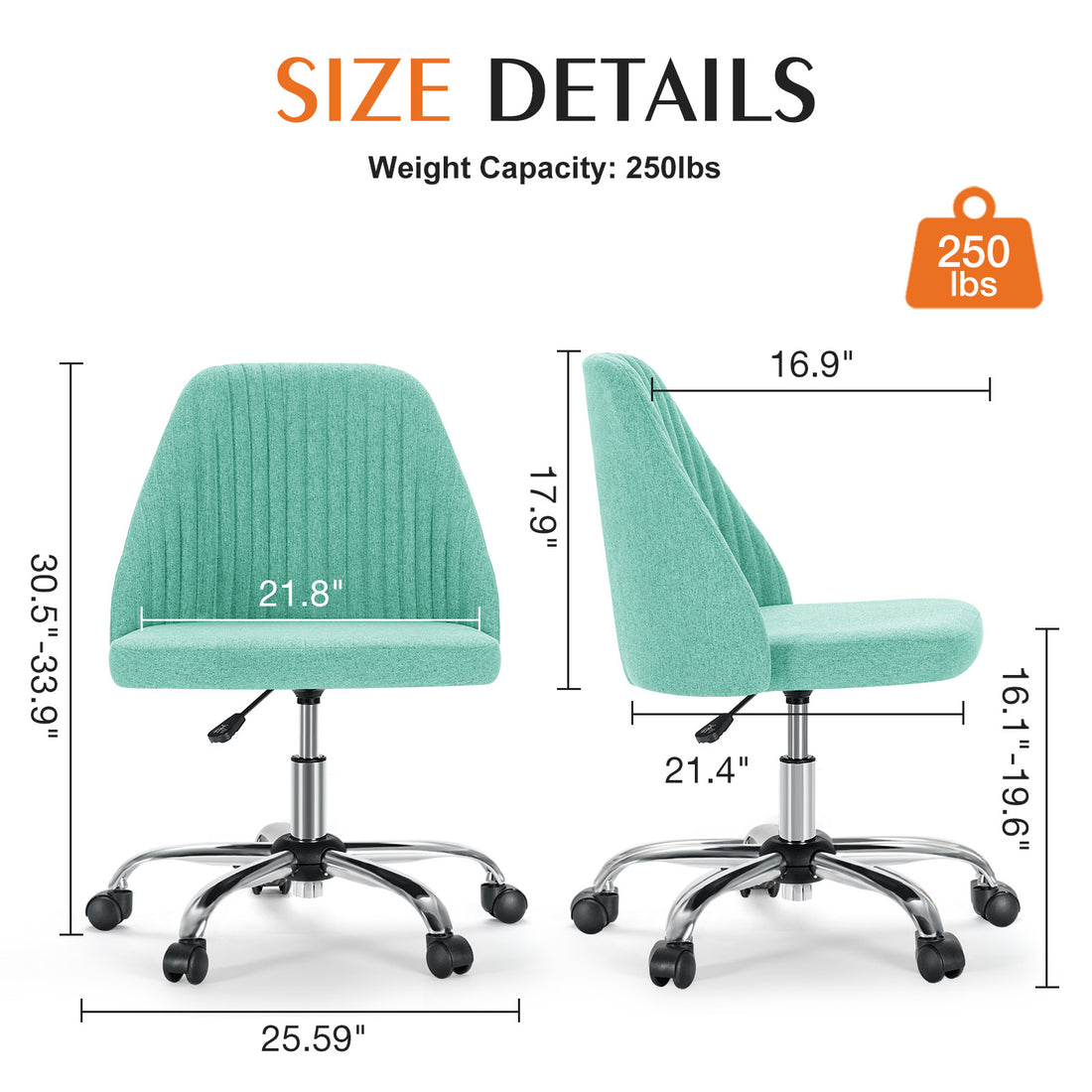 Sweetcrispy Armless Home Office Desk Chair With Wheels Adjustable Swivel Task Computer Vanity Chair For Small Spaces Green Fabric