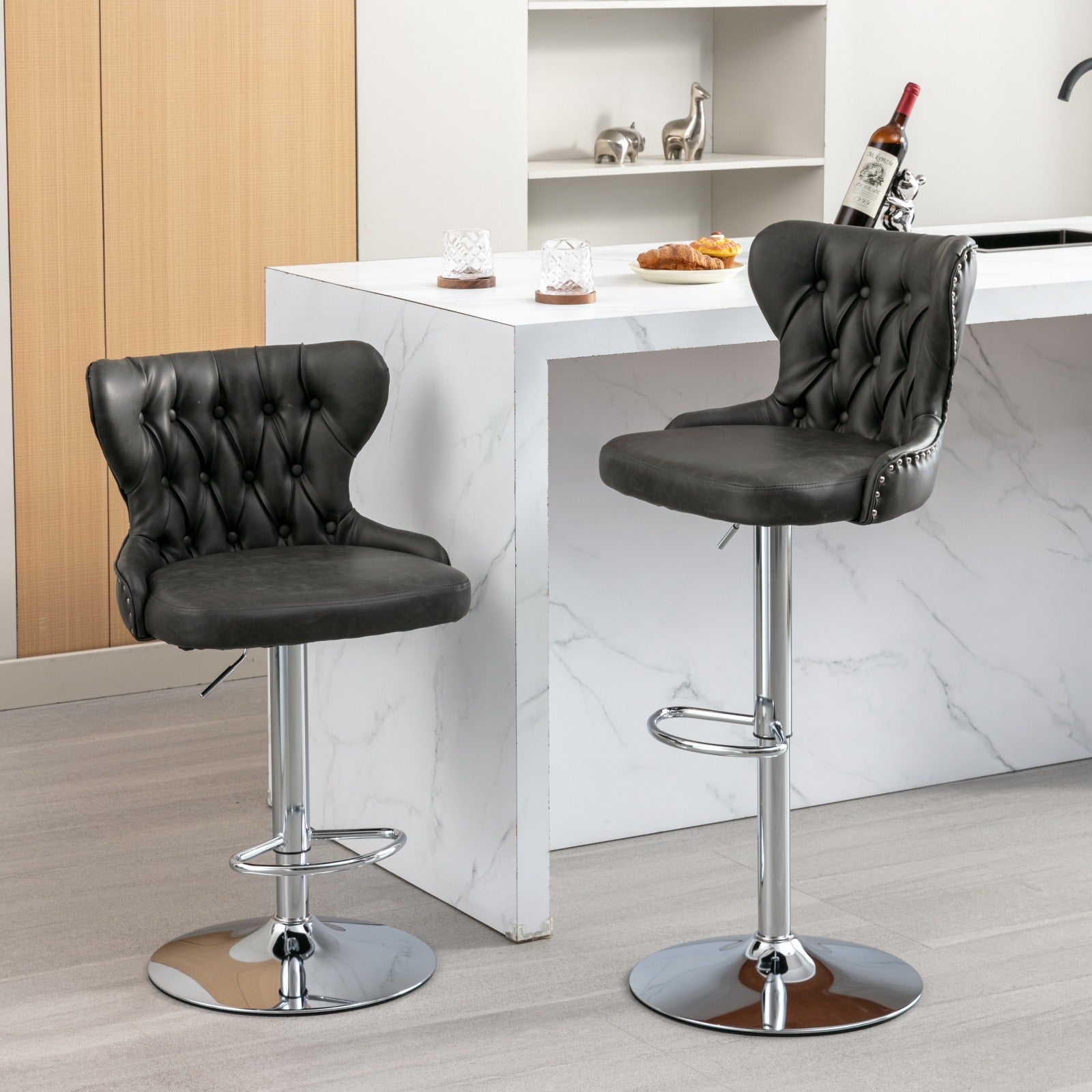 Swivel Pu Barstools Adjusatble Seat Height From 25 33 Inch, Modern Upholstered Chrome Base Bar Stools With Backs Comfortable Tufted For Home Pub And Kitchen Island,Olive Green, Sw1844Gy Gray Dining Room American Design Foam Pu Leather