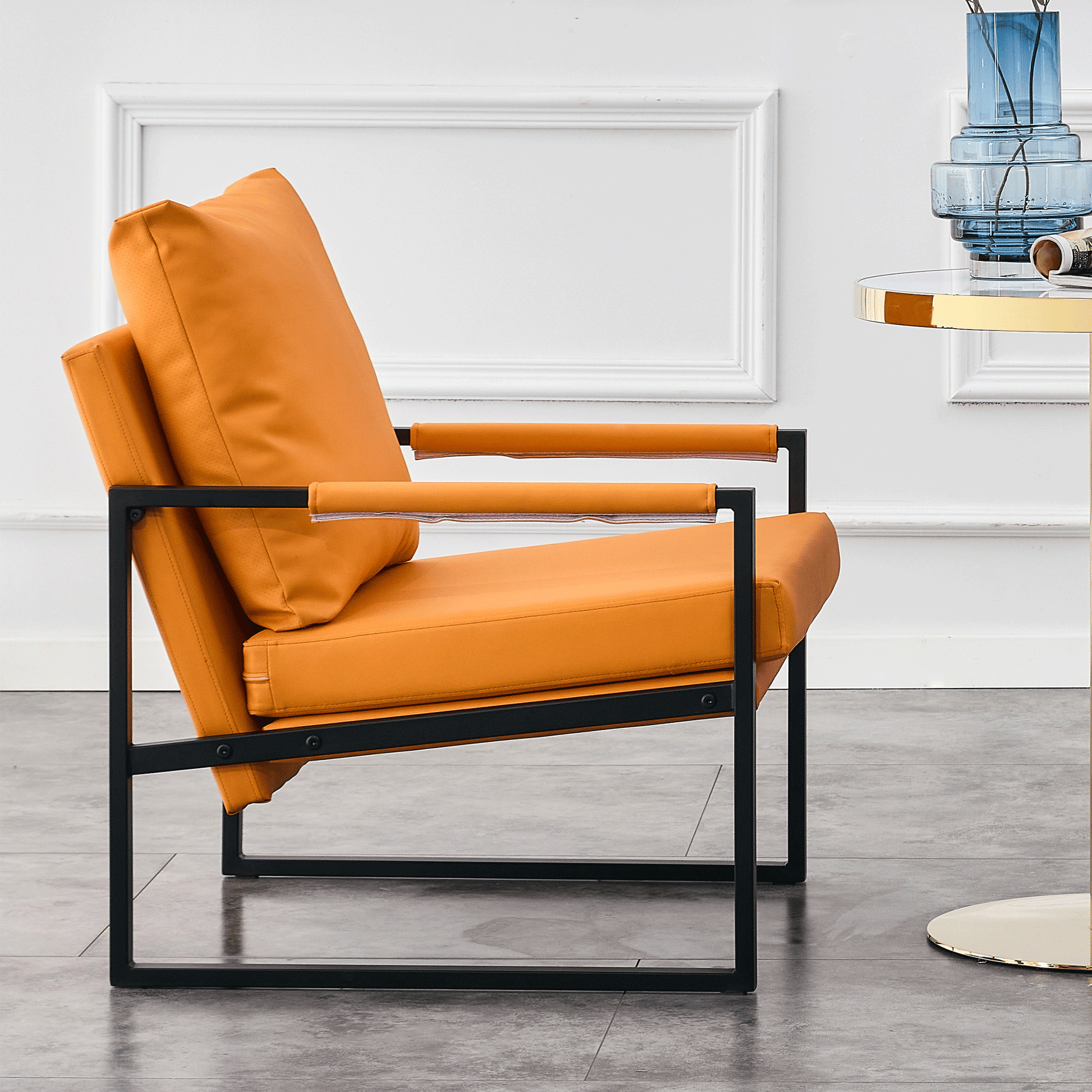 Pu Leather Accent Arm Chair Mid Century Upholstered Armchair With Metal Frame Extra Thick Padded Backrest And Seat Cushion Sofa Chairs For Living Room Orange Pu Leather Metal Frame Foam Sf 008 Orange Pu