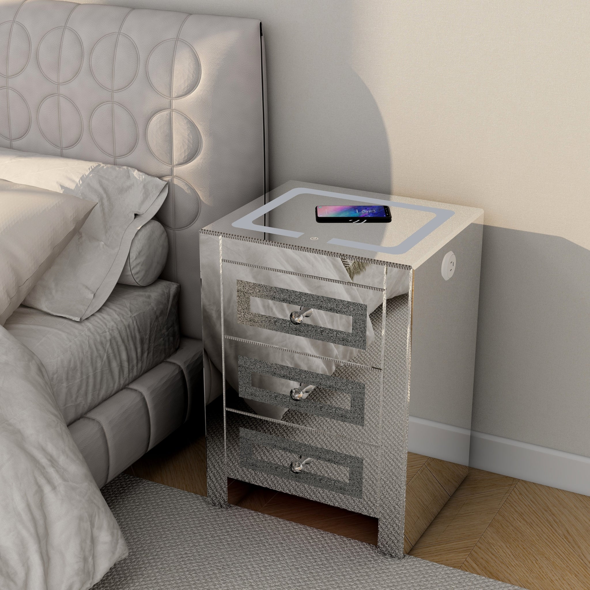 Silver glass nightstand for living room, shining silver-3 drawers-mdf+glass