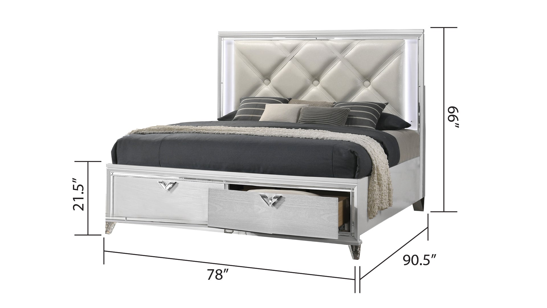 Prism Modern Style King Bed With Led Accents & V Shaped Handles Box Spring Not Required King Silver Wood Bedroom Contemporary,Modern Wood