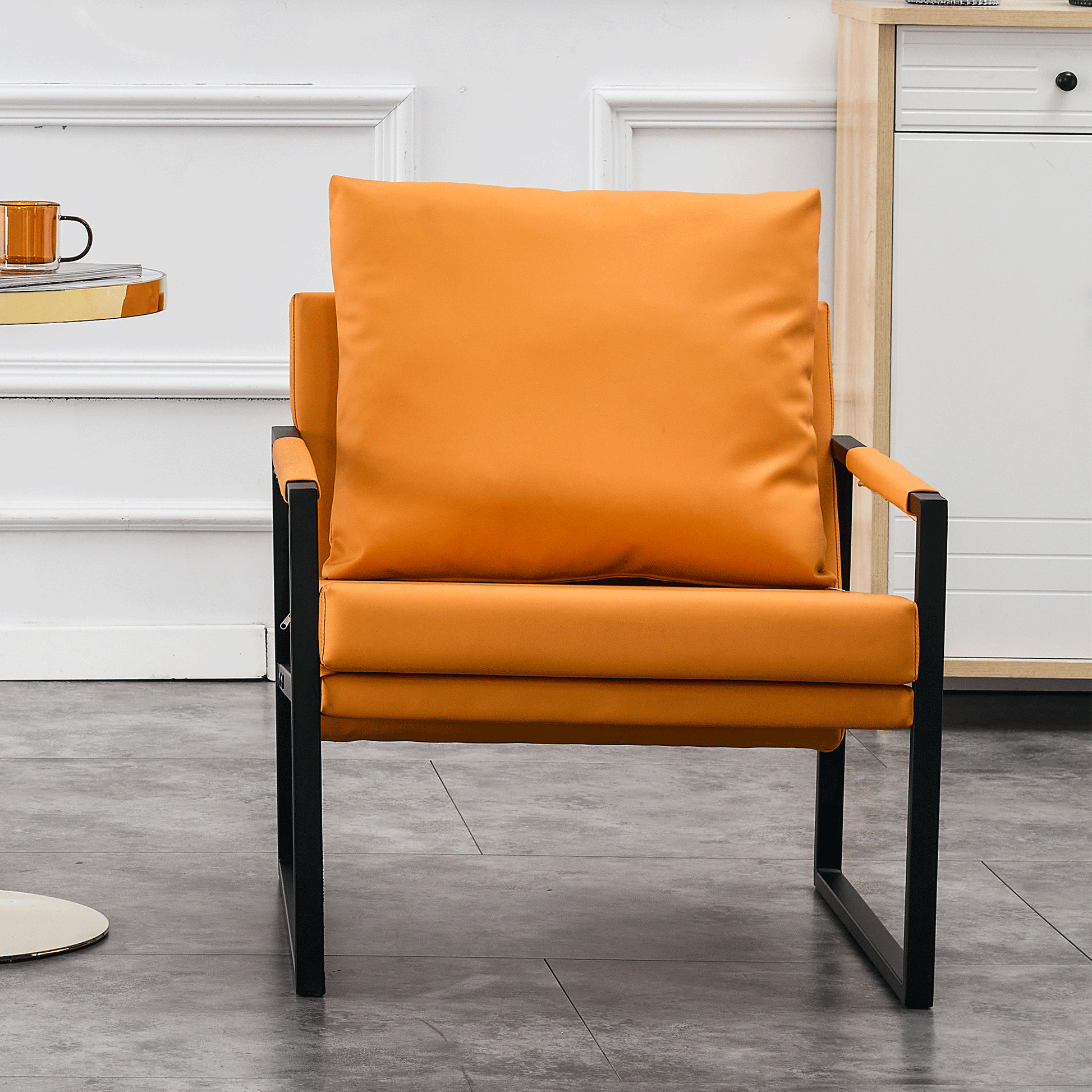 Pu Leather Accent Arm Chair Mid Century Upholstered Armchair With Metal Frame Extra Thick Padded Backrest And Seat Cushion Sofa Chairs For Living Room Orange Pu Leather Metal Frame Foam Sf 008 Orange Pu