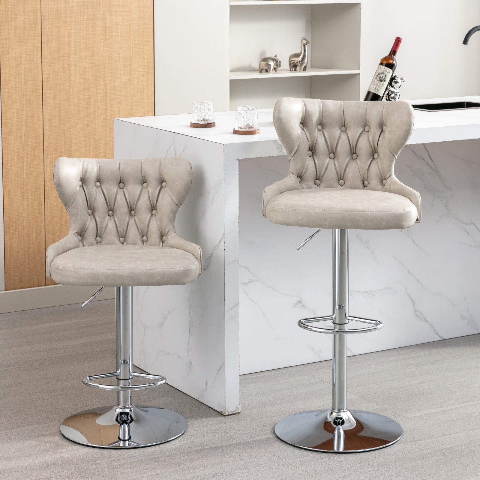 Swivel Pu Barstools Adjusatble Seat Height From 25 33 Inch, Modern Upholstered Chrome Base Bar Stools With Backs Comfortable Tufted For Home Pub And Kitchen Island,Olive Green, Sw1844Bg Beige Dining