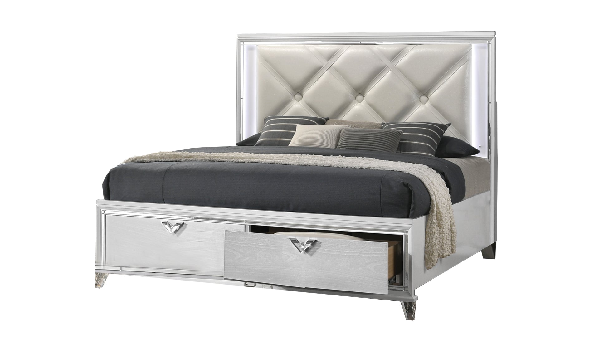 Prism Modern Style King Bed With Led Accents & V Shaped Handles Box Spring Not Required King Silver Wood Bedroom Contemporary,Modern Wood
