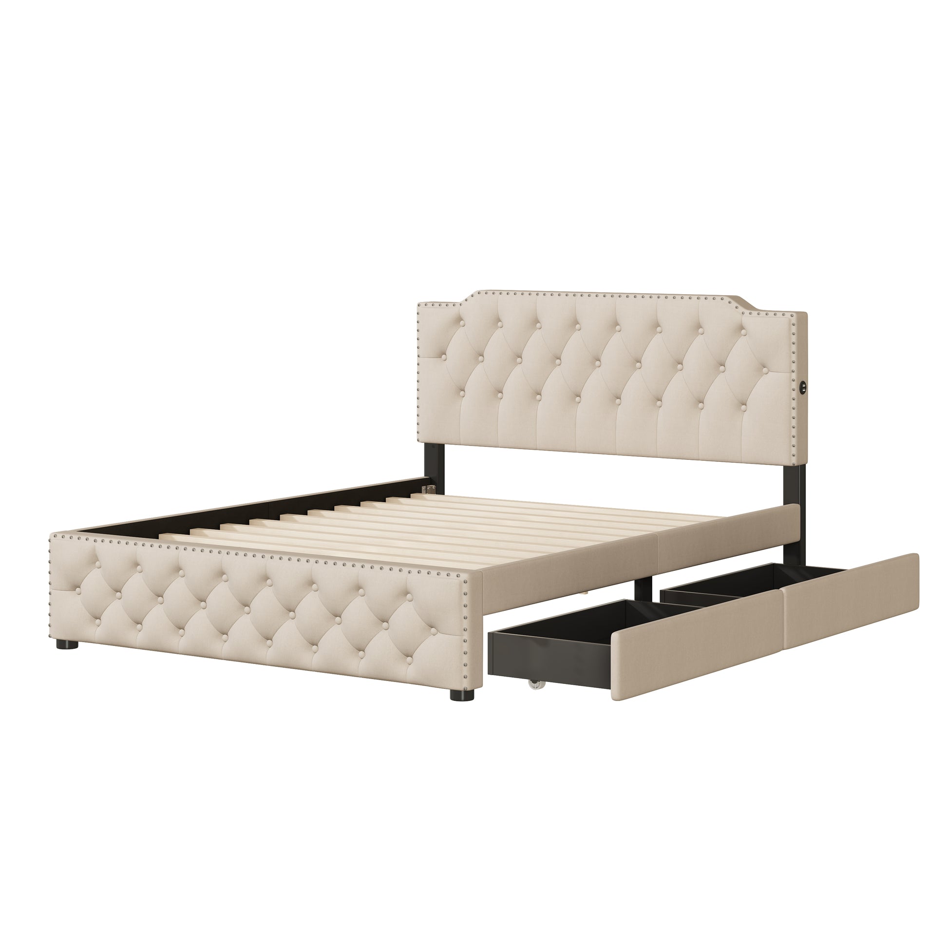 Queen Size Upholstered Platform Bed With 2 Drawers And 2 Sets Of Usb Ports On Each Side, Linen Fabric, Beige Beige Linen