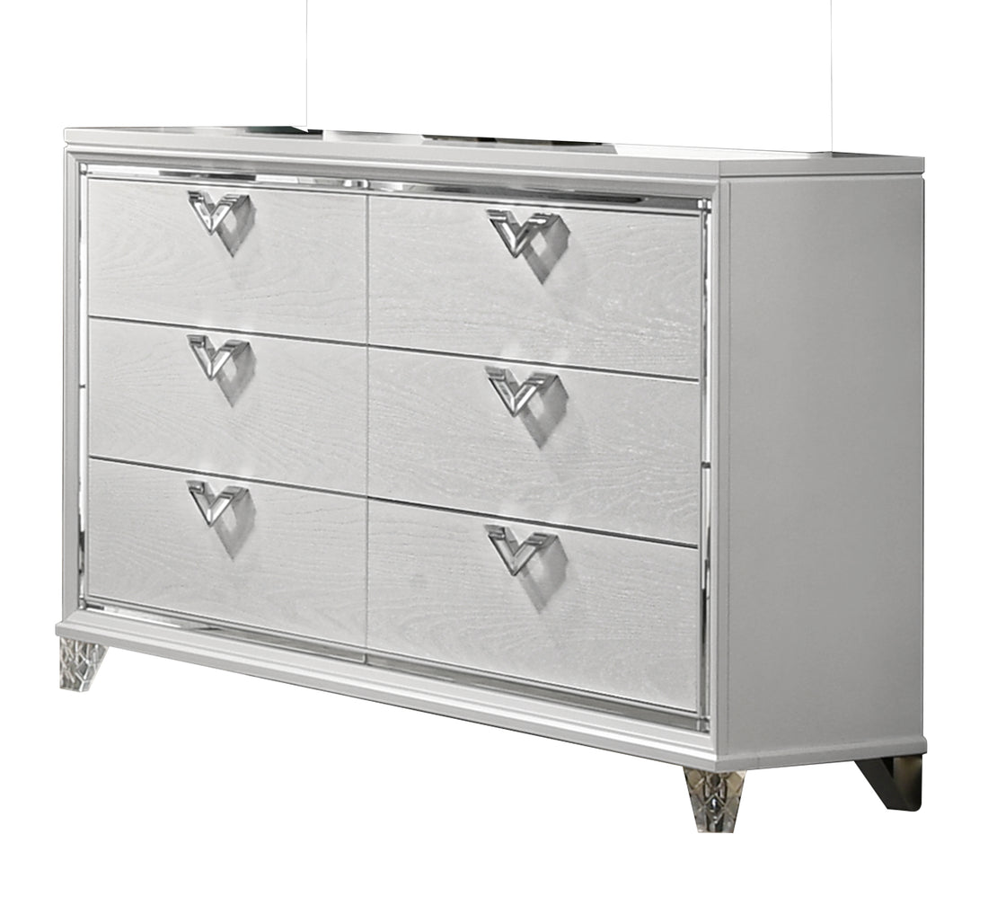 Prism Modern Style 6 Drawer Dresser With Mirror Accent & V Shape Handles In White Silver Bedroom Modern Wood